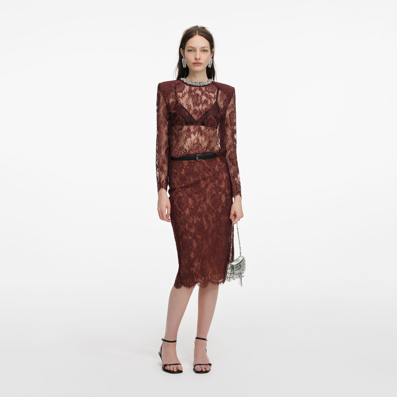 Brown Floral Lace Midi Skirt 1