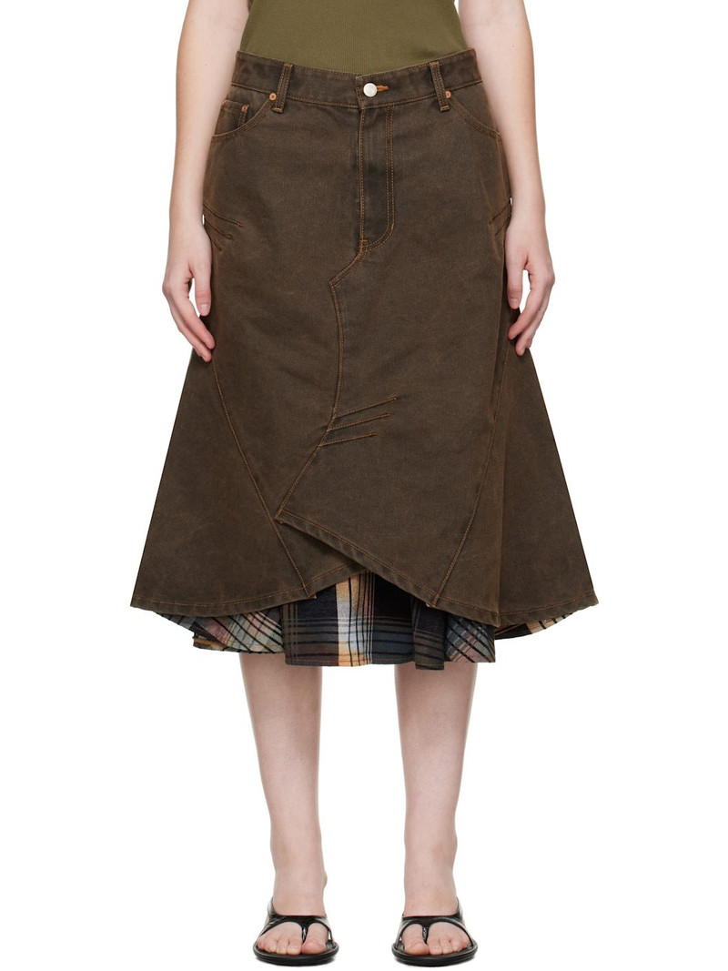 Brown Custom Flare Layered Denim Midi Skirt 1
