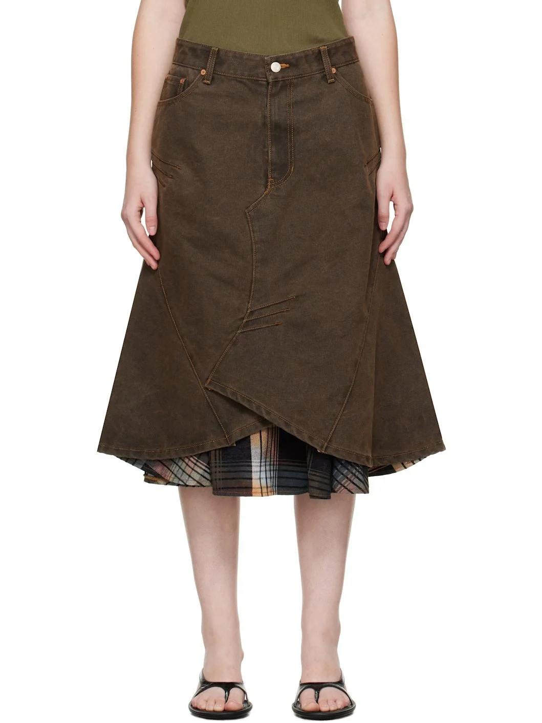 Brown Custom Flare Layered Denim Midi Skirt - 1