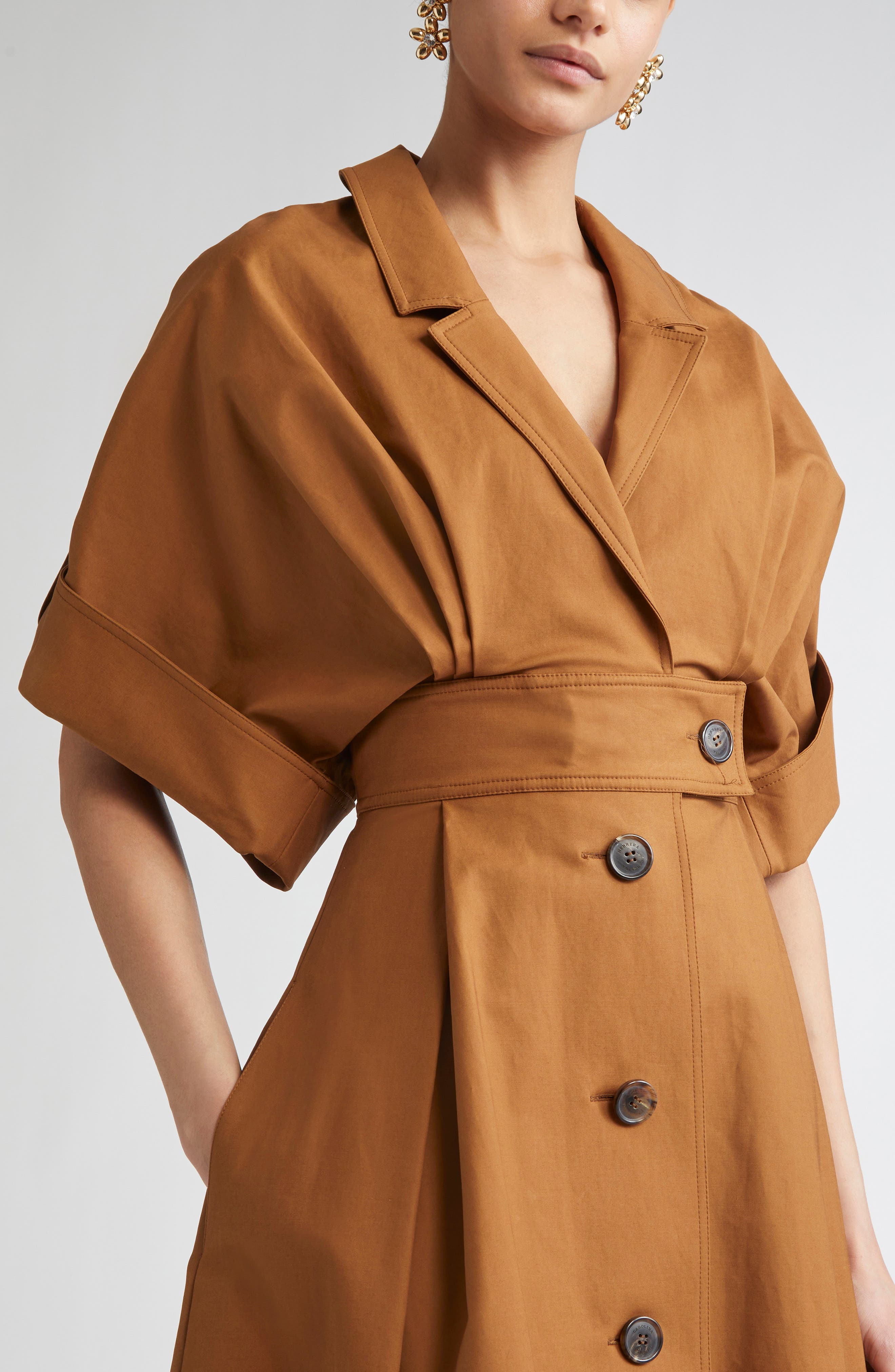 Carolina Herrera Wide Sleeve Belted Stretch Cotton Sateen Shirtdress in Nutmeg at Nordstrom - 4