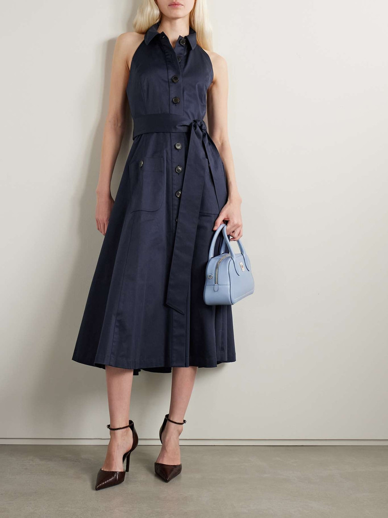 CAROLINA HERRERA Belted cotton-blend sateen halterneck midi shirt dress Navy outlook