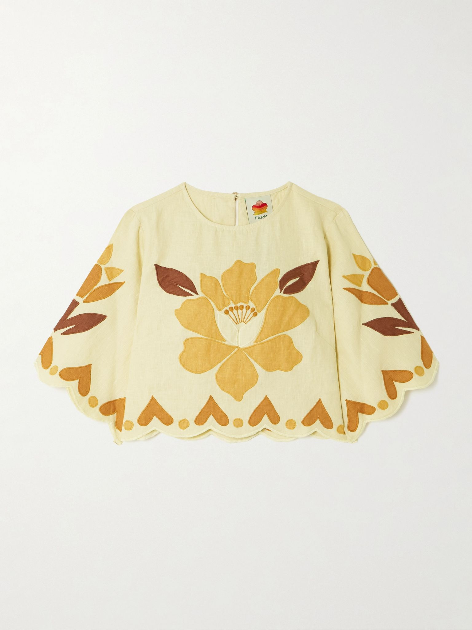 Summer cropped scalloped appliquéd linen top Yellow - 1