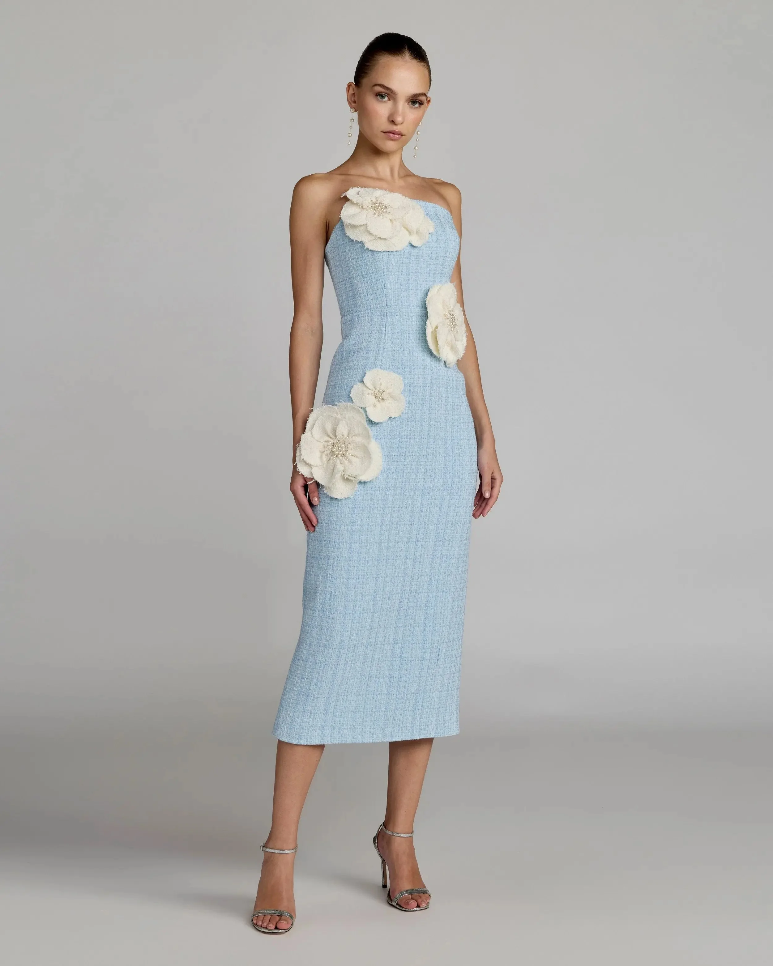 Powder Blue Multi 3D Floral Applique Strapless Midi Dress - 1