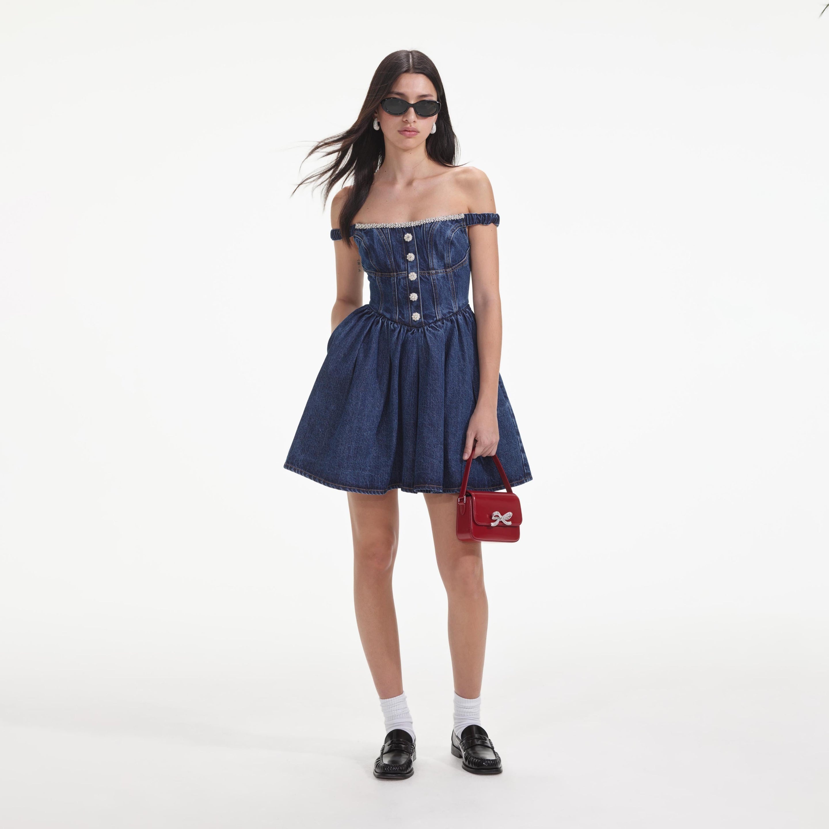 Denim Off Shoulder Mini Dress - 1