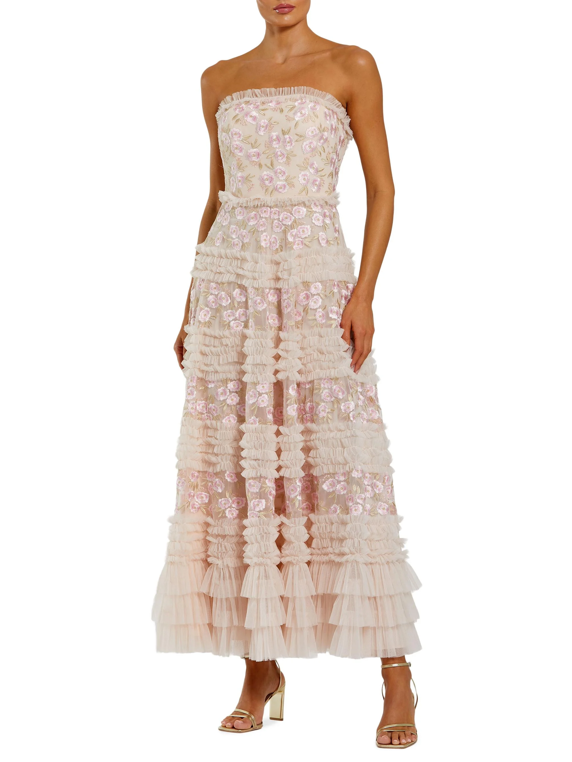 Women's Floral Embroidered Mesh Strapless Midi-Dress - Blush Multi - 1