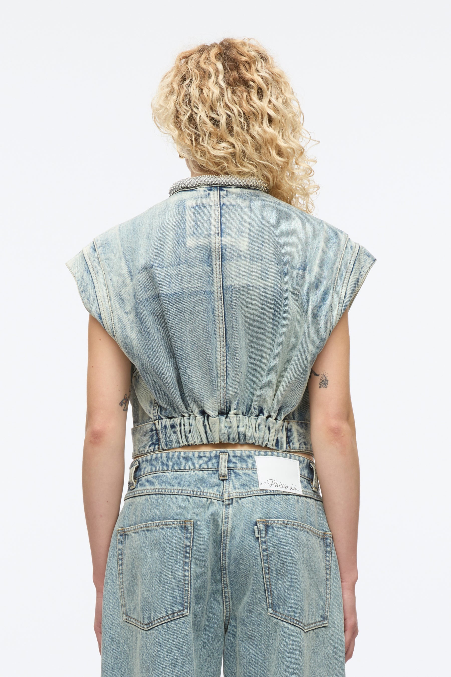 Denim Vest with Crystal Necklace - 4