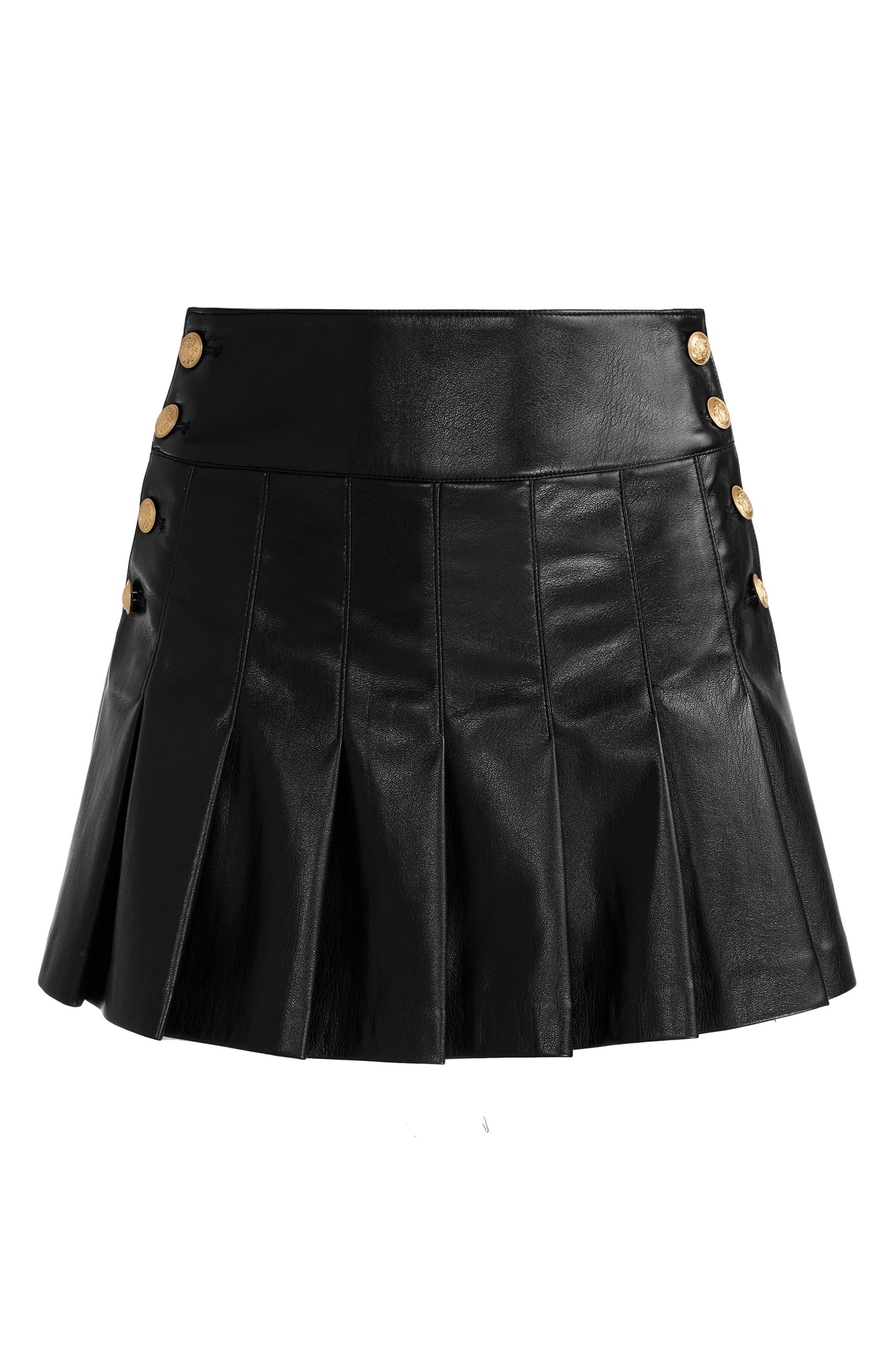 Alice + Olivia Lanna Pleated Button Faux Leather Miniskirt in Black at Nordstrom - 5