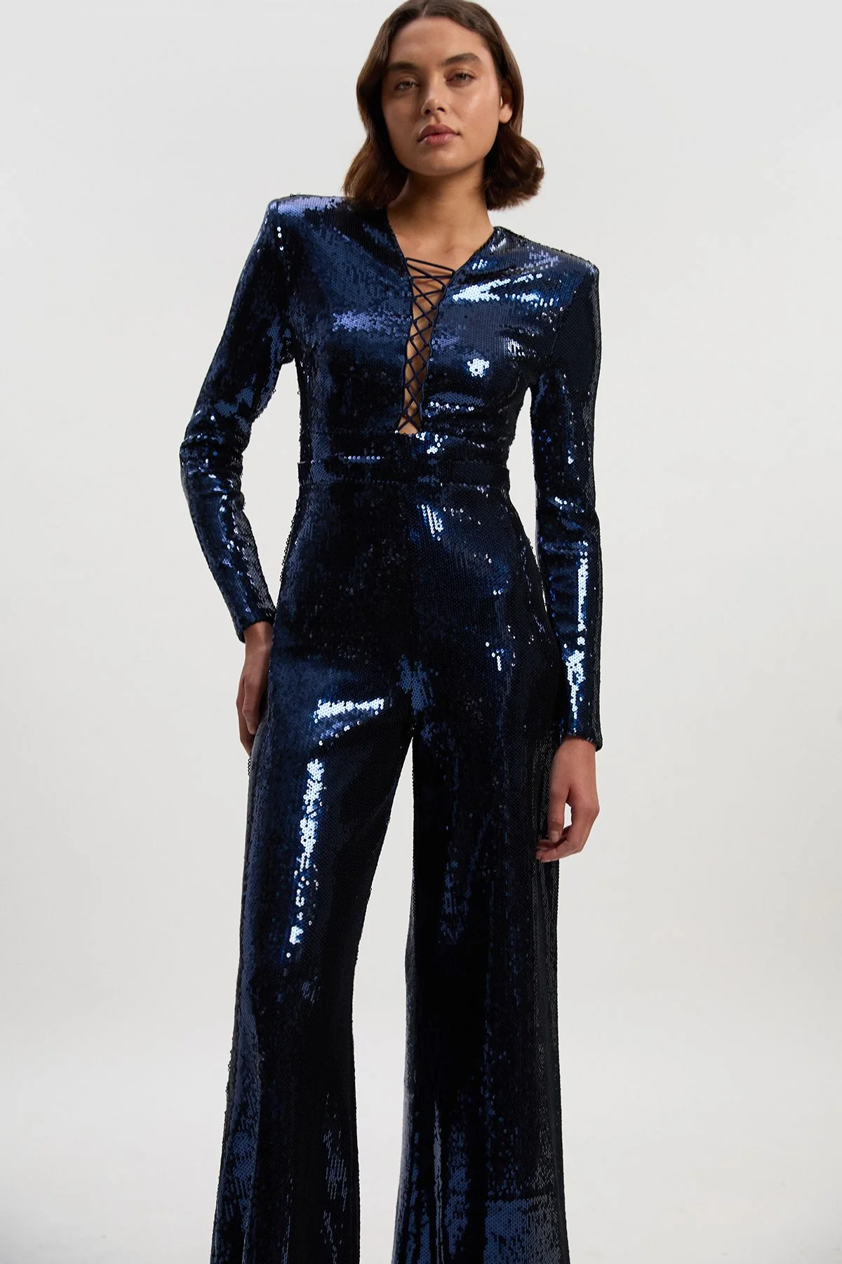Petite Sequin Power Mesh Lace Up Detail Long Sleeve Jumpsuit - 1