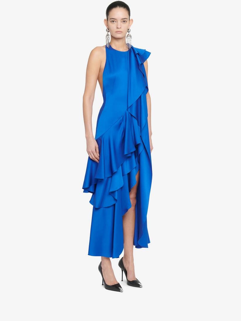 Women's Ruffled Drape Midi Dress in Ultramarine - 3