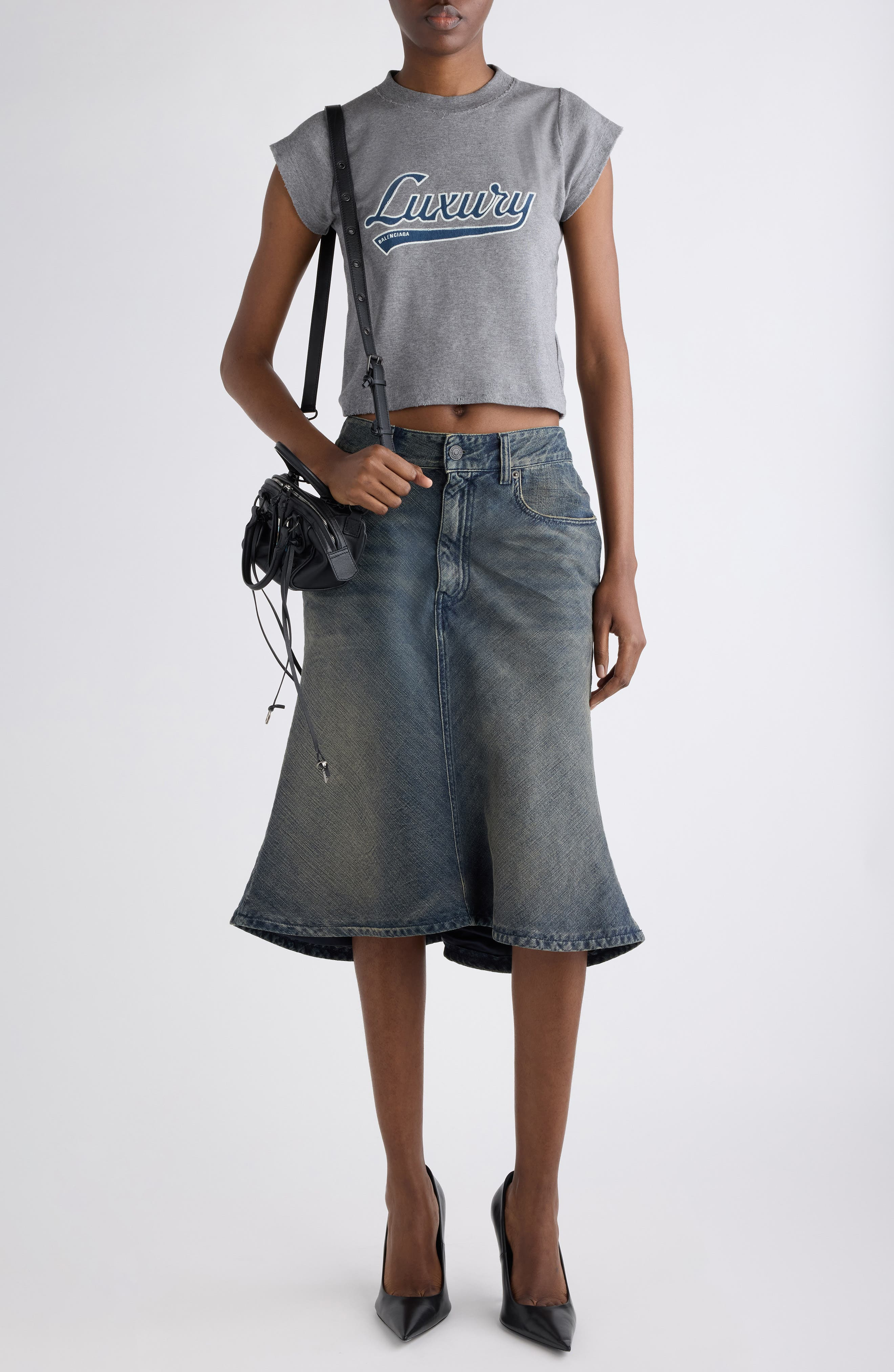 Balenciaga Luxury Script Appliqué Shrunken Cotton T-Shirt in Dark Heathr Grey/Blue at Nordstrom - 2