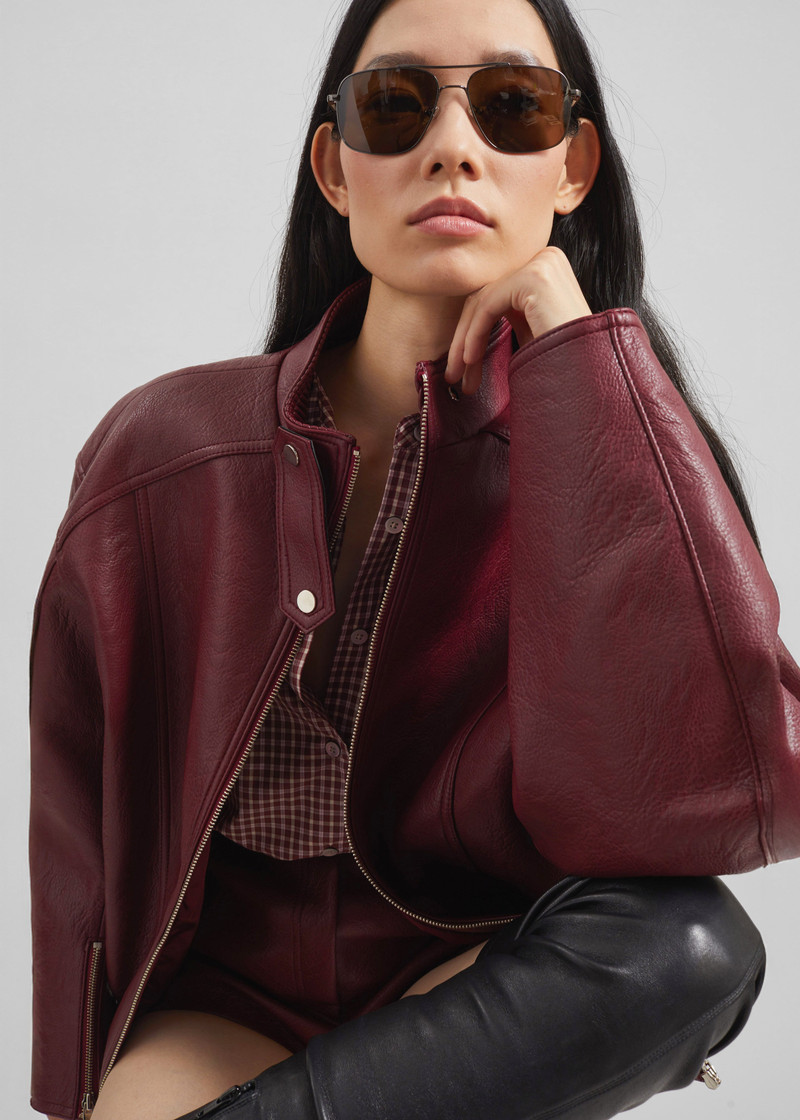 Troye Faux Leather Bomber Jacket - Burgundy 5