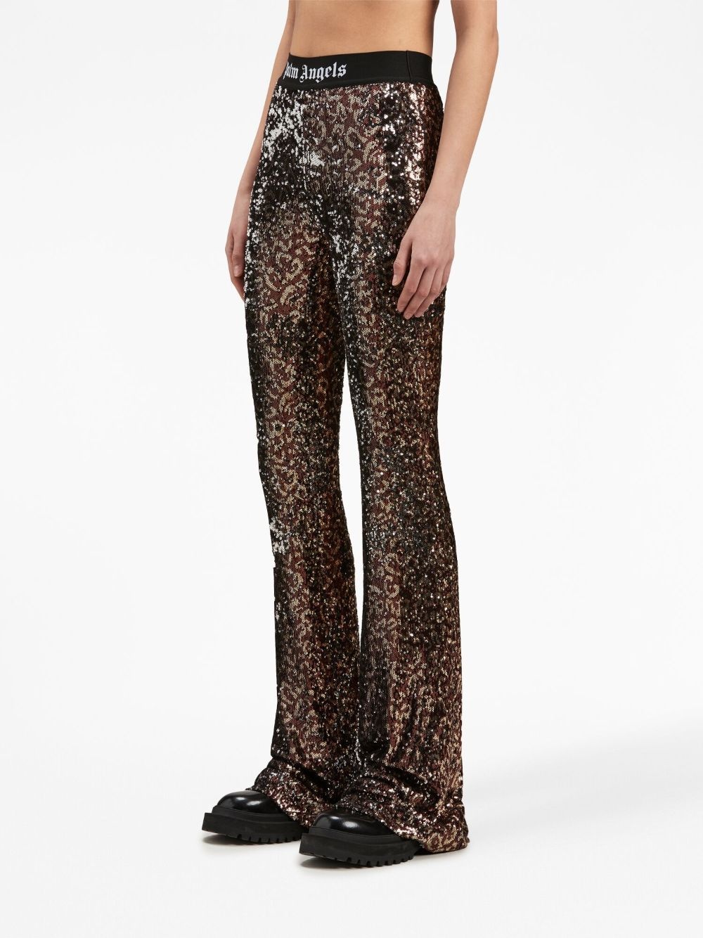 logo-tape sequin flared trousers - 4