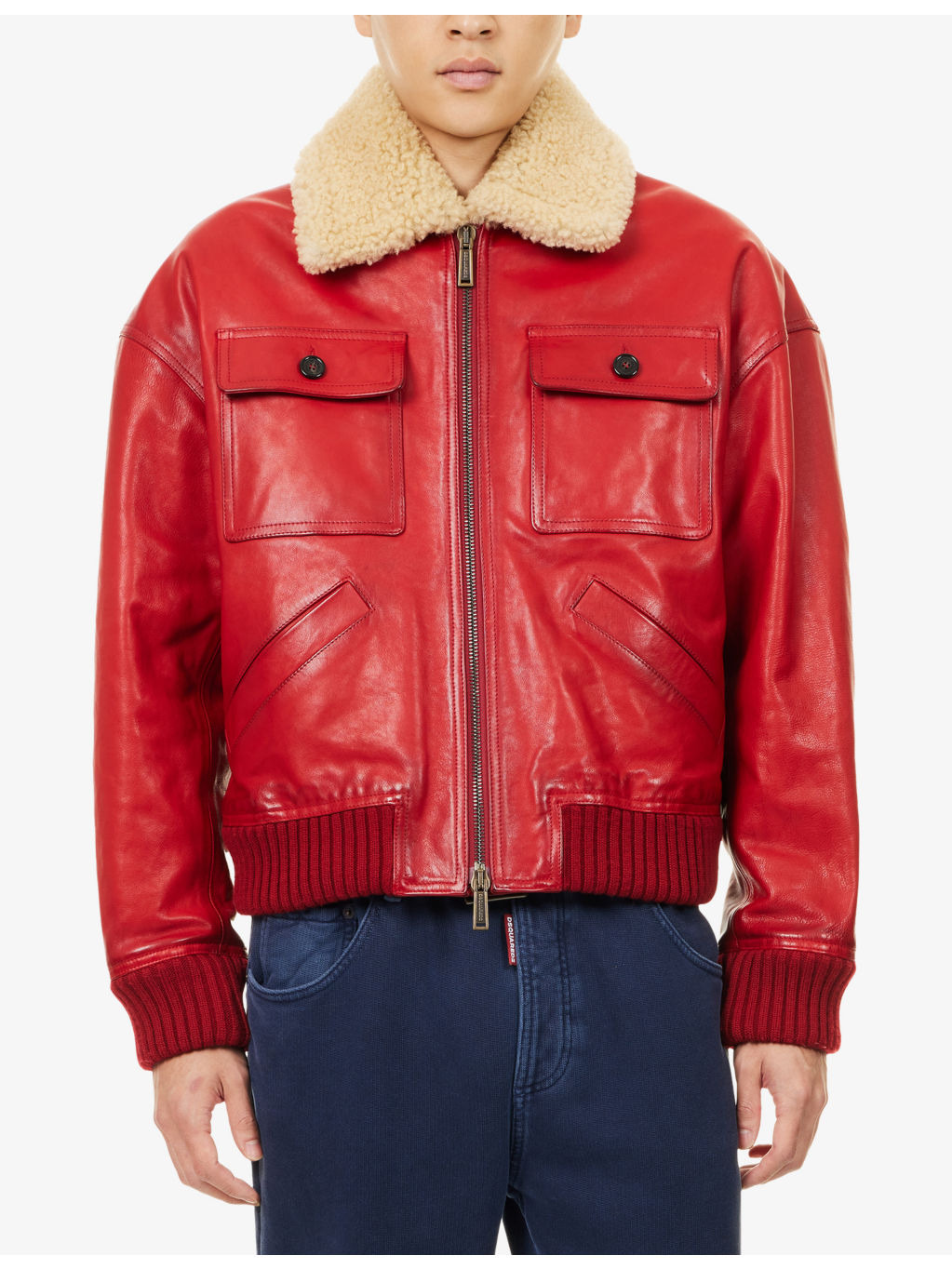 Shearling-Collar Aviator Leather Bomber Jacket - 3