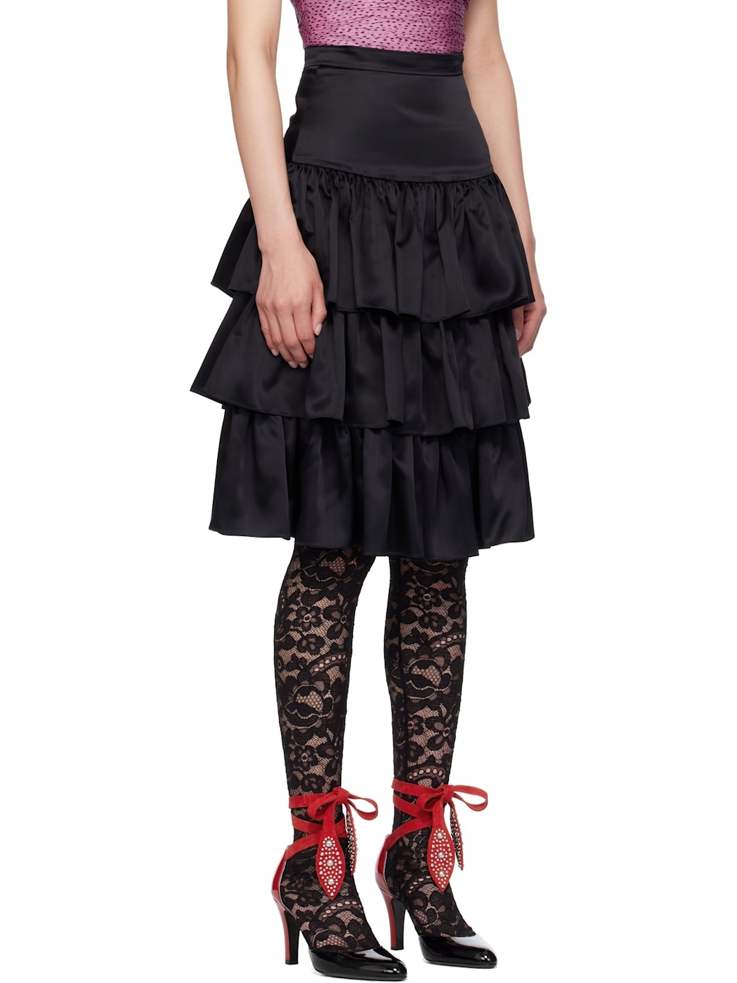 Black Satin Ruffle Midi Skirt - 2