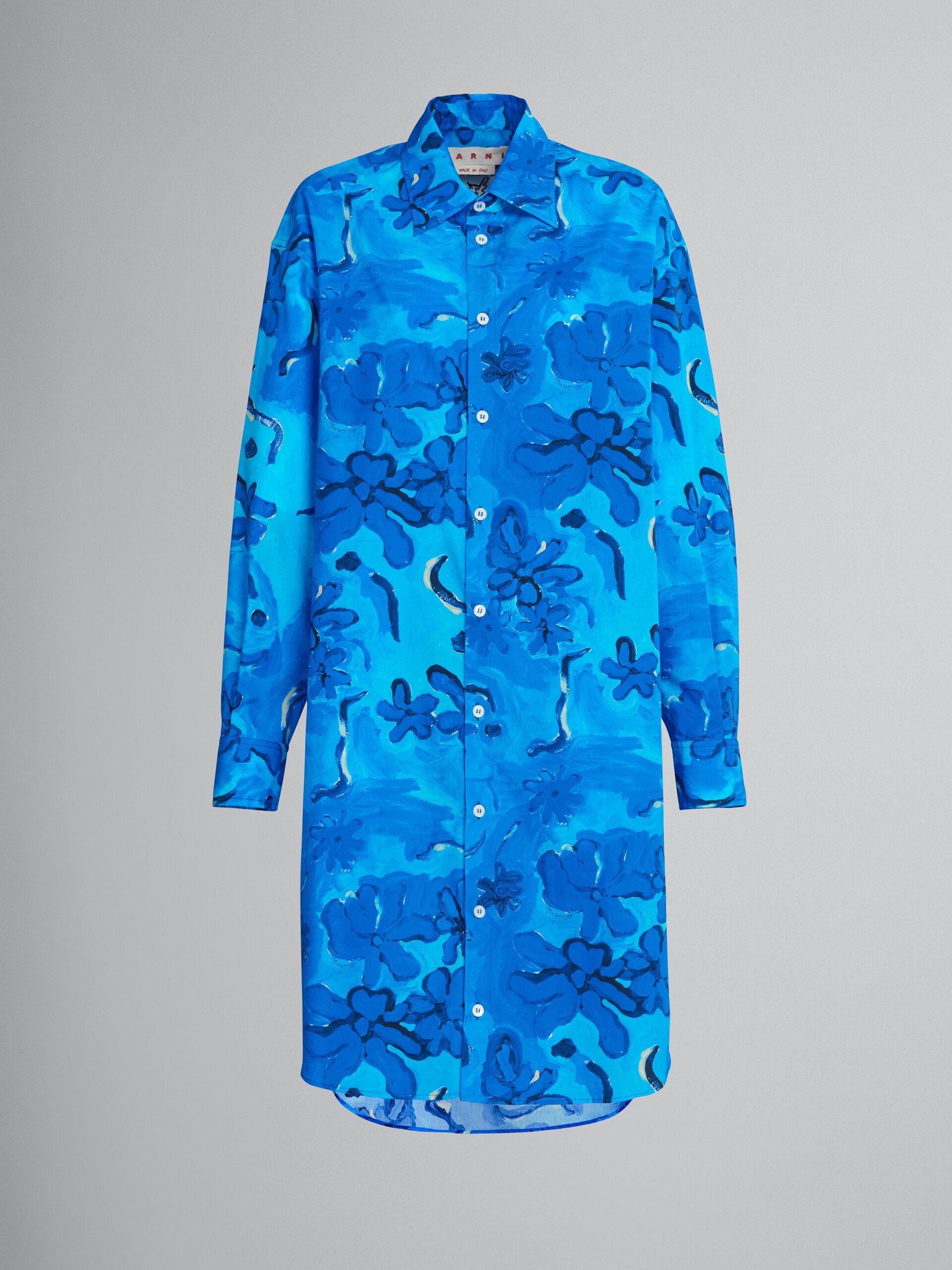 PRINTED BLUE POPLIN SHIRT DRESS - 1