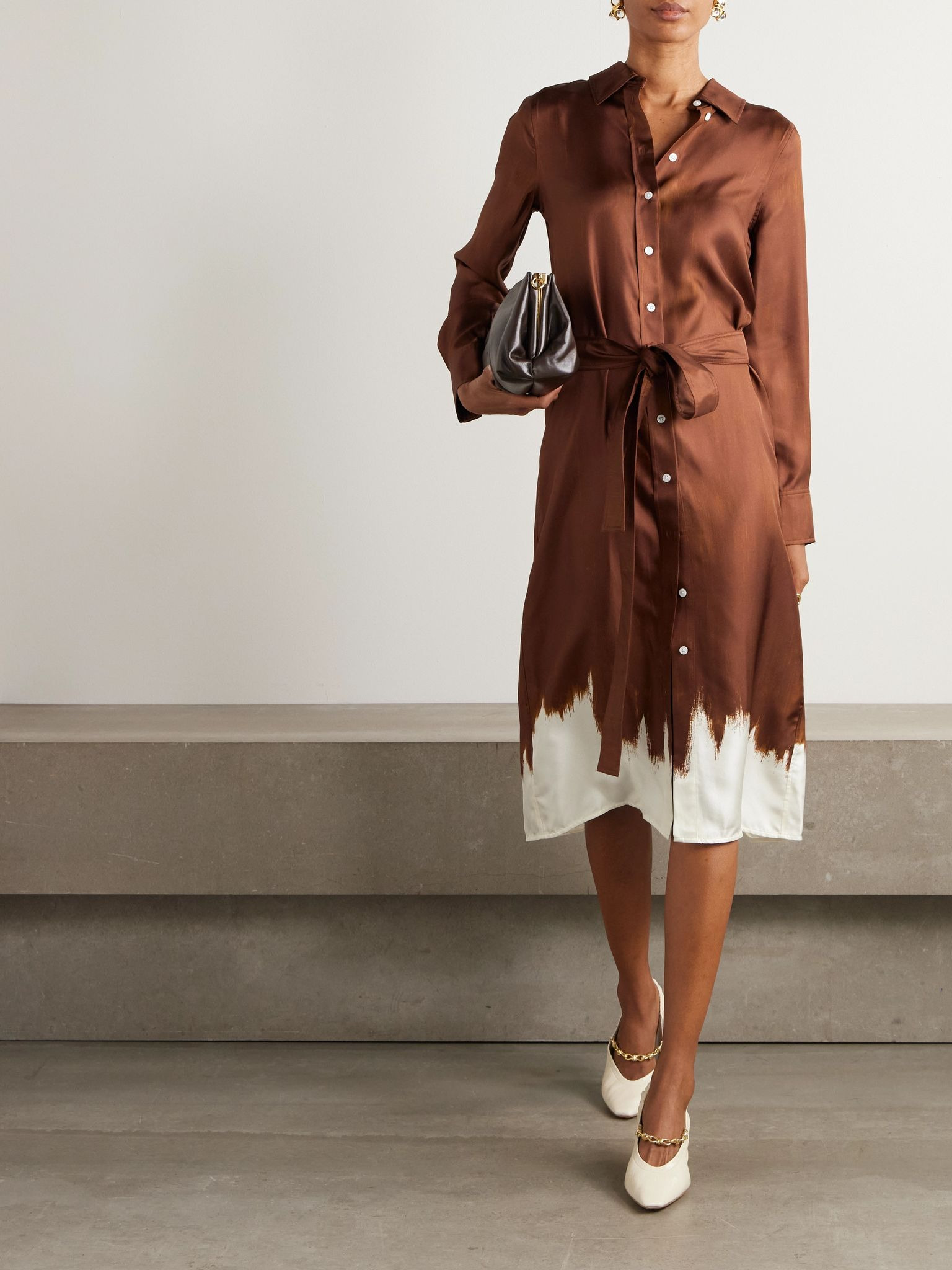Amaya belted silk satin-twill dress Brown - 2
