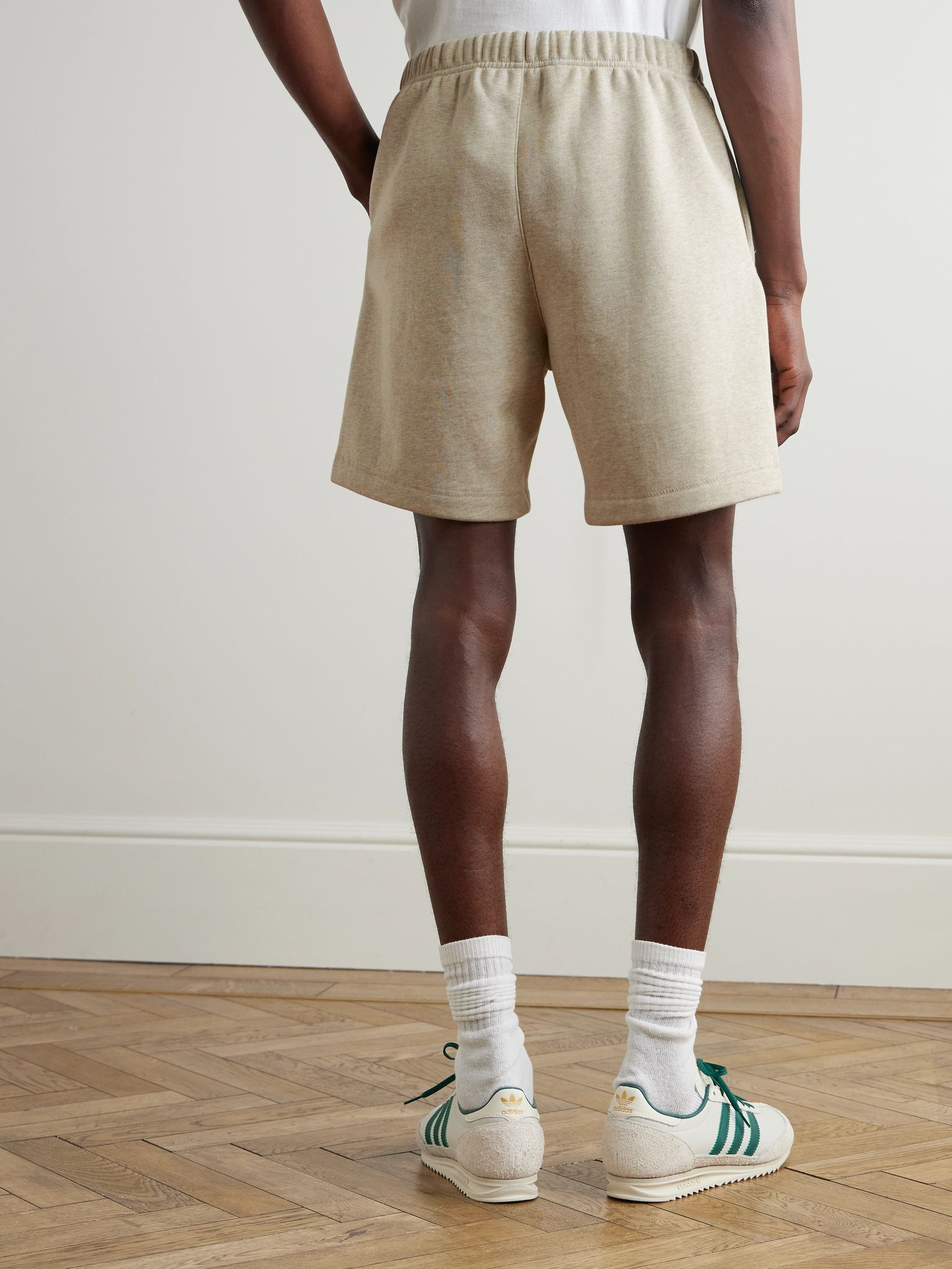 Wide-Leg Logo-Appliquéd Cotton-Blend Jersey Drawstring Shorts Stone - 4