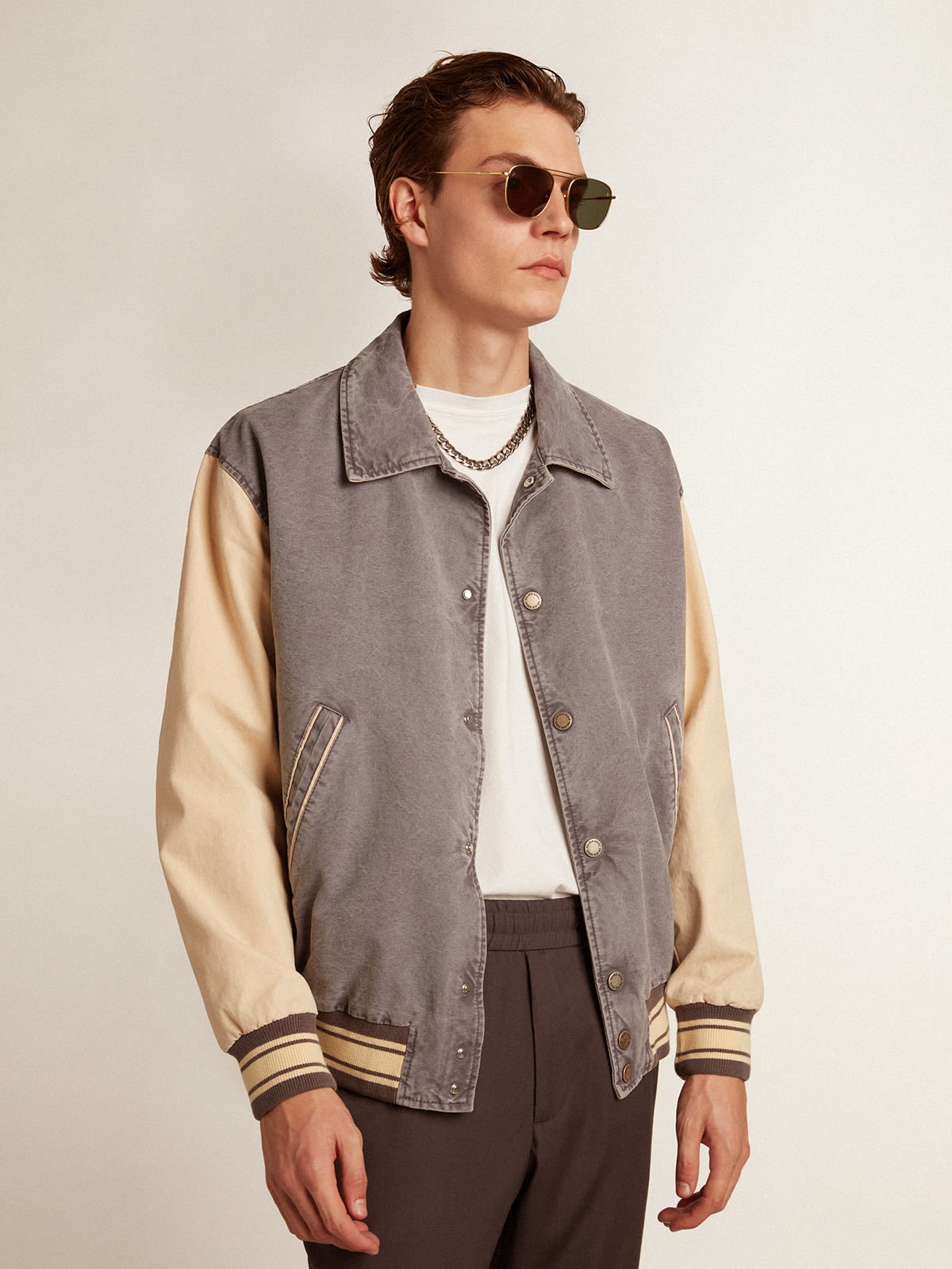 Bomber jacket in lilac-gray and marzipan-colored cotton - 5