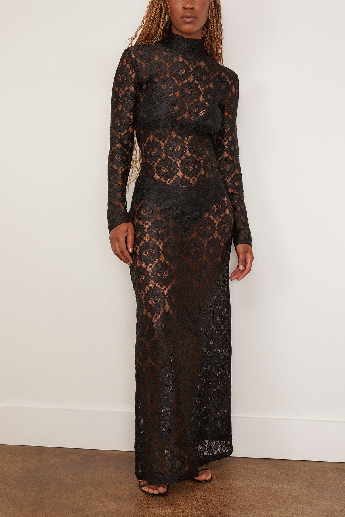 Lace Turtleneck Dress in Black - 3
