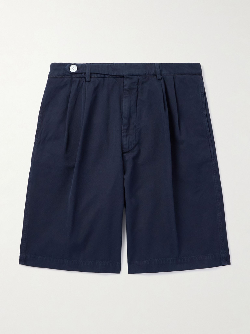 Straight-Leg Pleated Cotton-Twill Shorts Navy 1