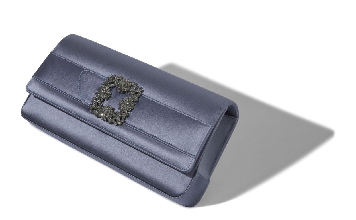 Grey Satin Jewel Buckle Clutch - 2