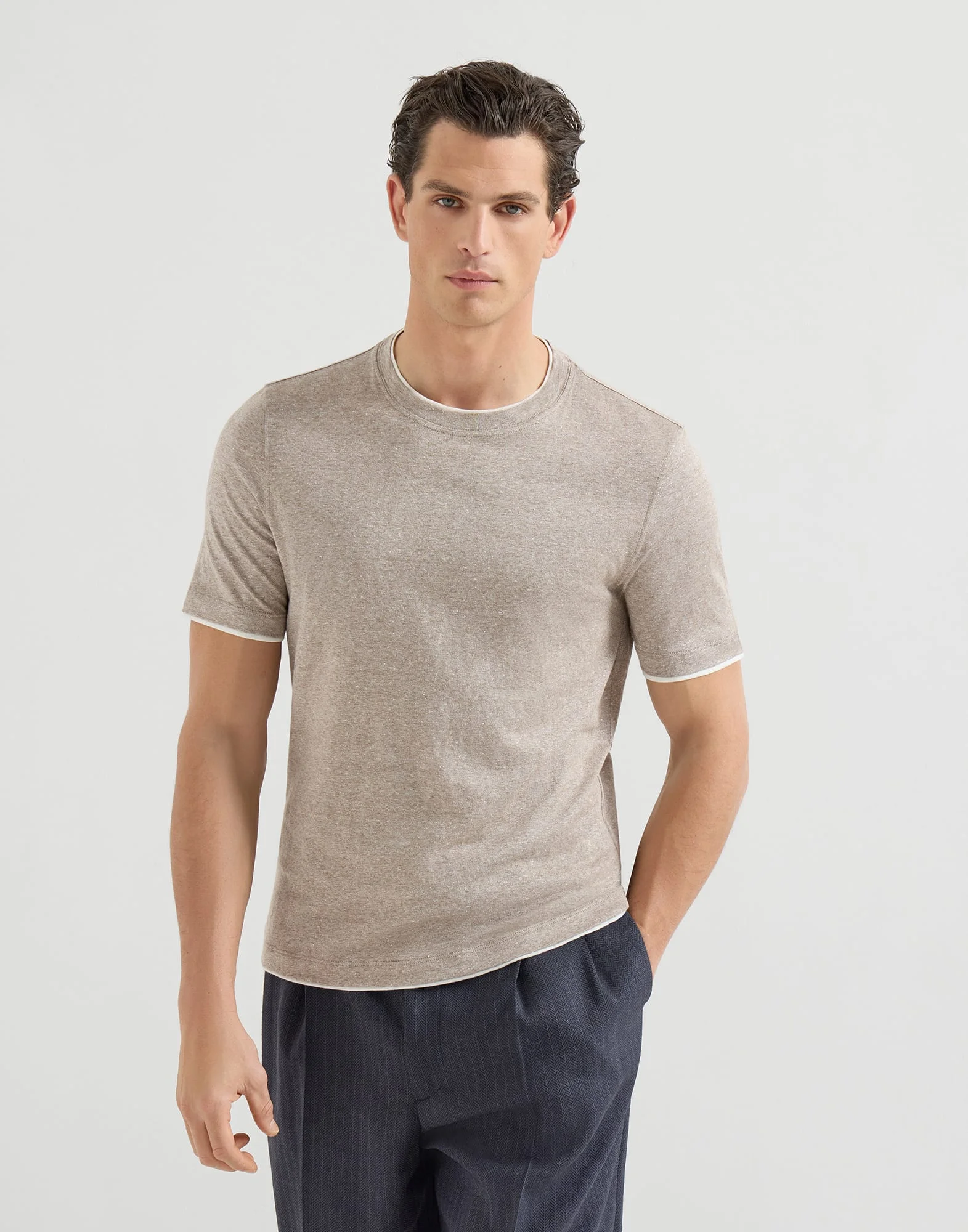 Linen and cotton jersey crew neck T-shirt with faux-layering - 1
