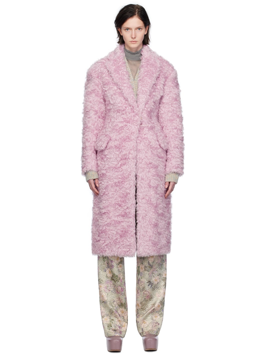 Purple Notched Lapel Faux-Fur Coat - 1