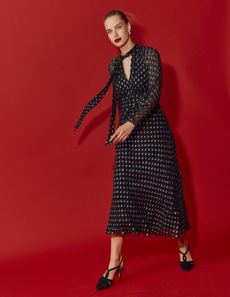Tie Neck Midi Dress-Black and Silver Clip 7
