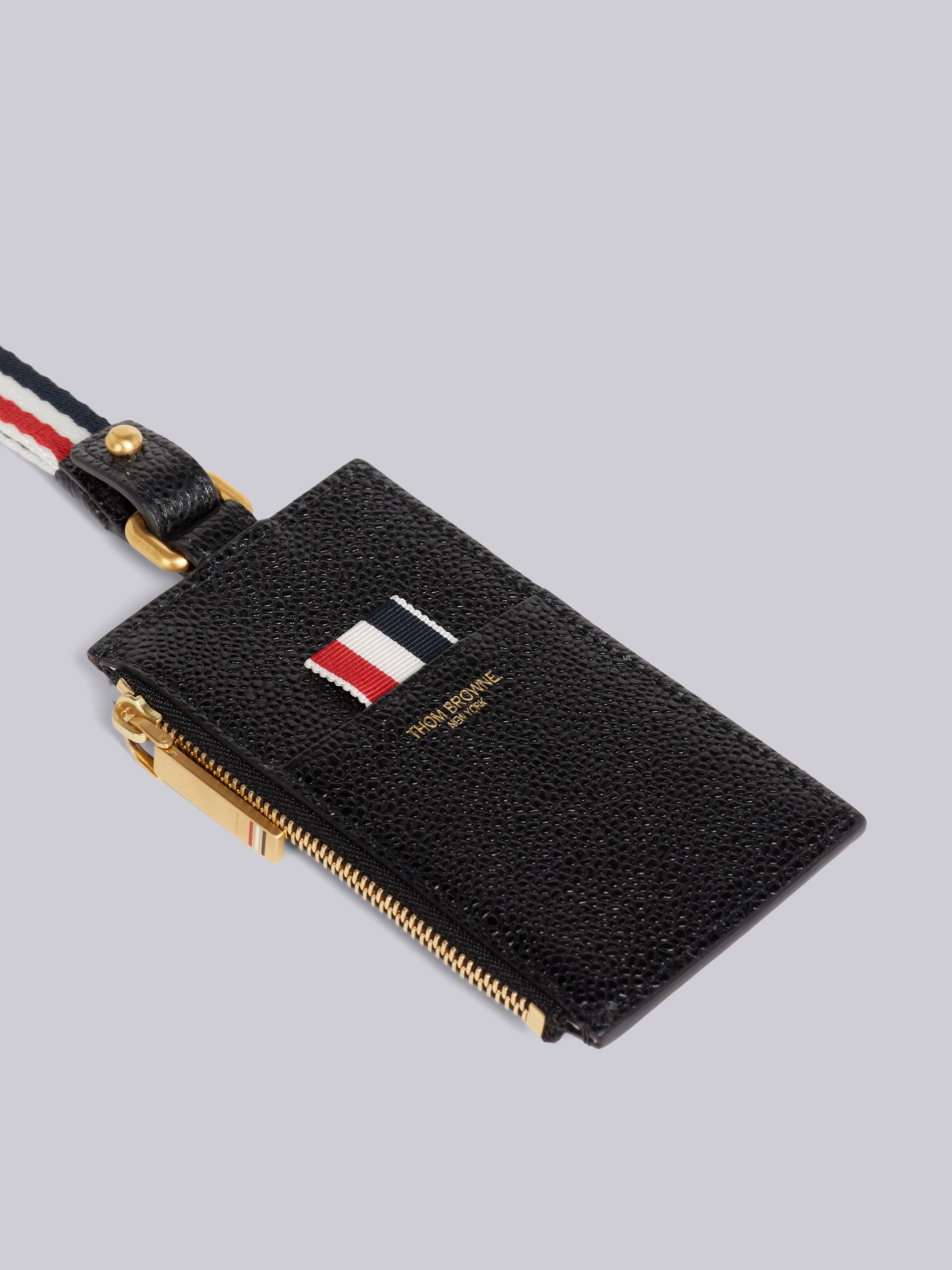 Black Pebble Grain Leather Debossed 4-Bar Stripe Lanyard Zippered Card Wallet - 2