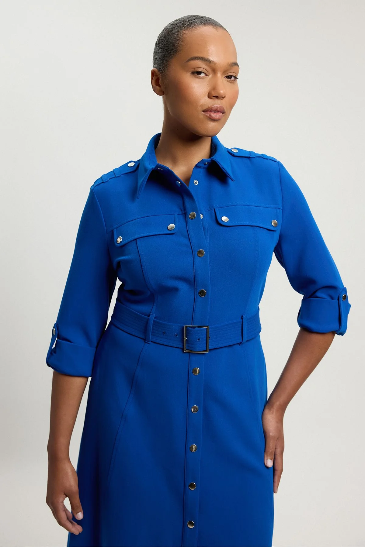 Plus Size Tailored Belted Midi Shirt Dress - 1