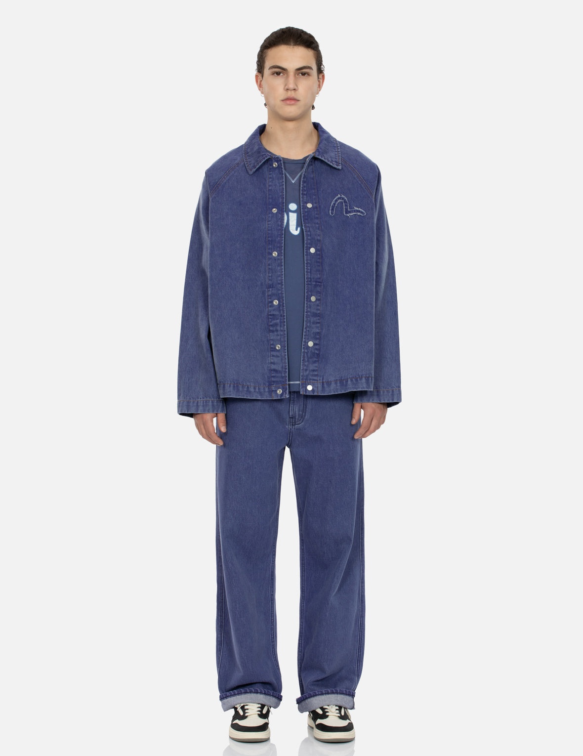 SEAGULL AND SLOGAN EMBROIDERY OVERSIZED  DENIM COACH JACKET - 5