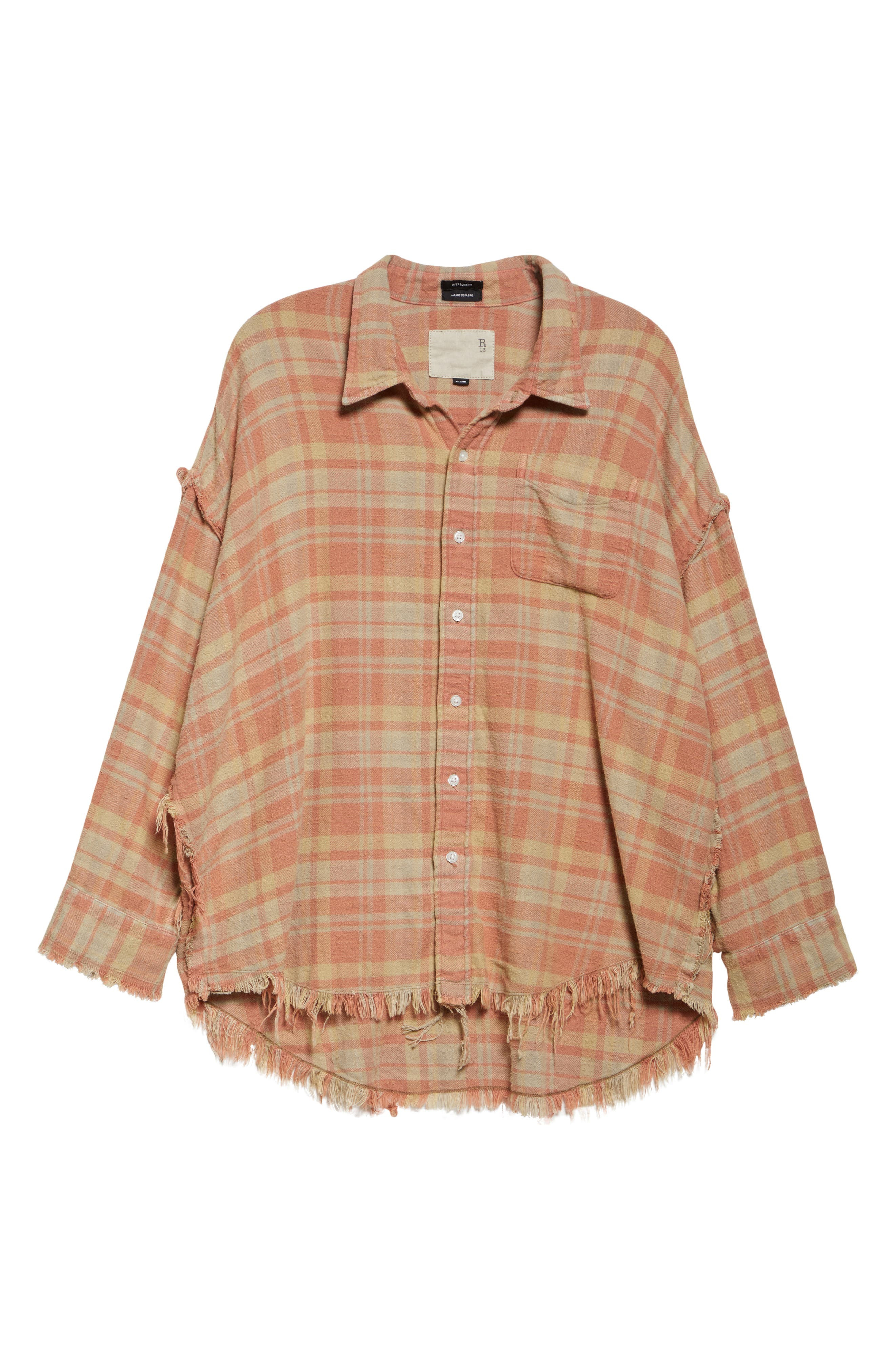 R13 Shredded Seam Drop Neck Plaid Flannel Button-Up Shirt in Washed-Out Red/Khaki Plaid at Nordstrom - 5