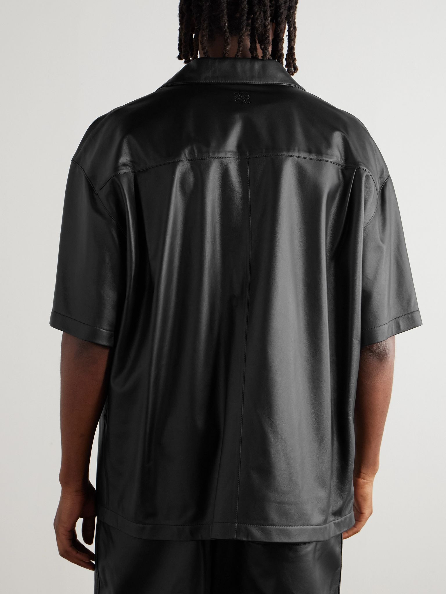 Convertible-Collar Panelled Leather Shirt Black - 3