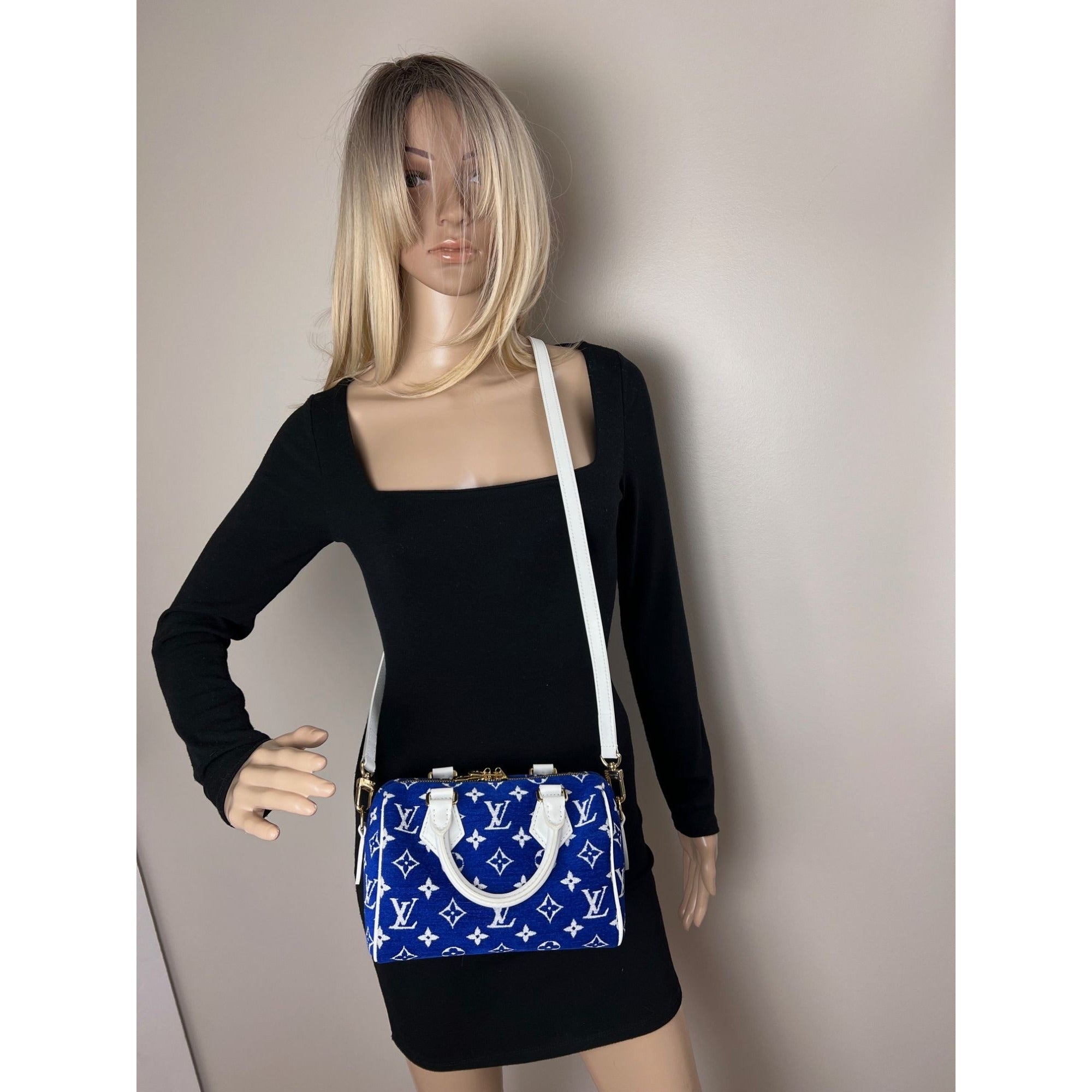 Louis Vuitton Jacquard Velvet Speedy 20 Bandouliere Blue Crossbody Bag - 10