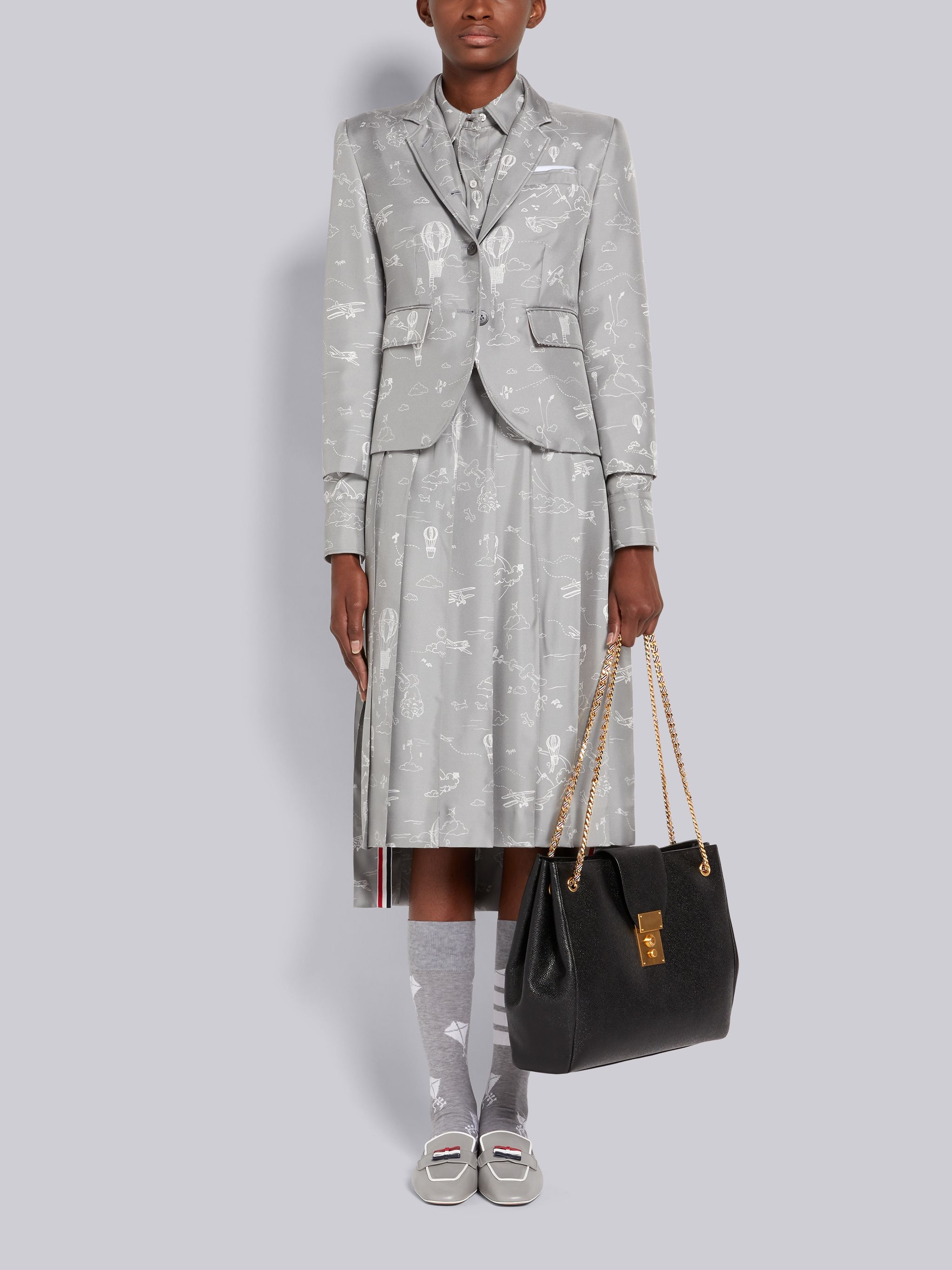 Medium Grey Sky Toile Printed Silk Twill Dropped Back Pleated Below the Knee Skirt - 4