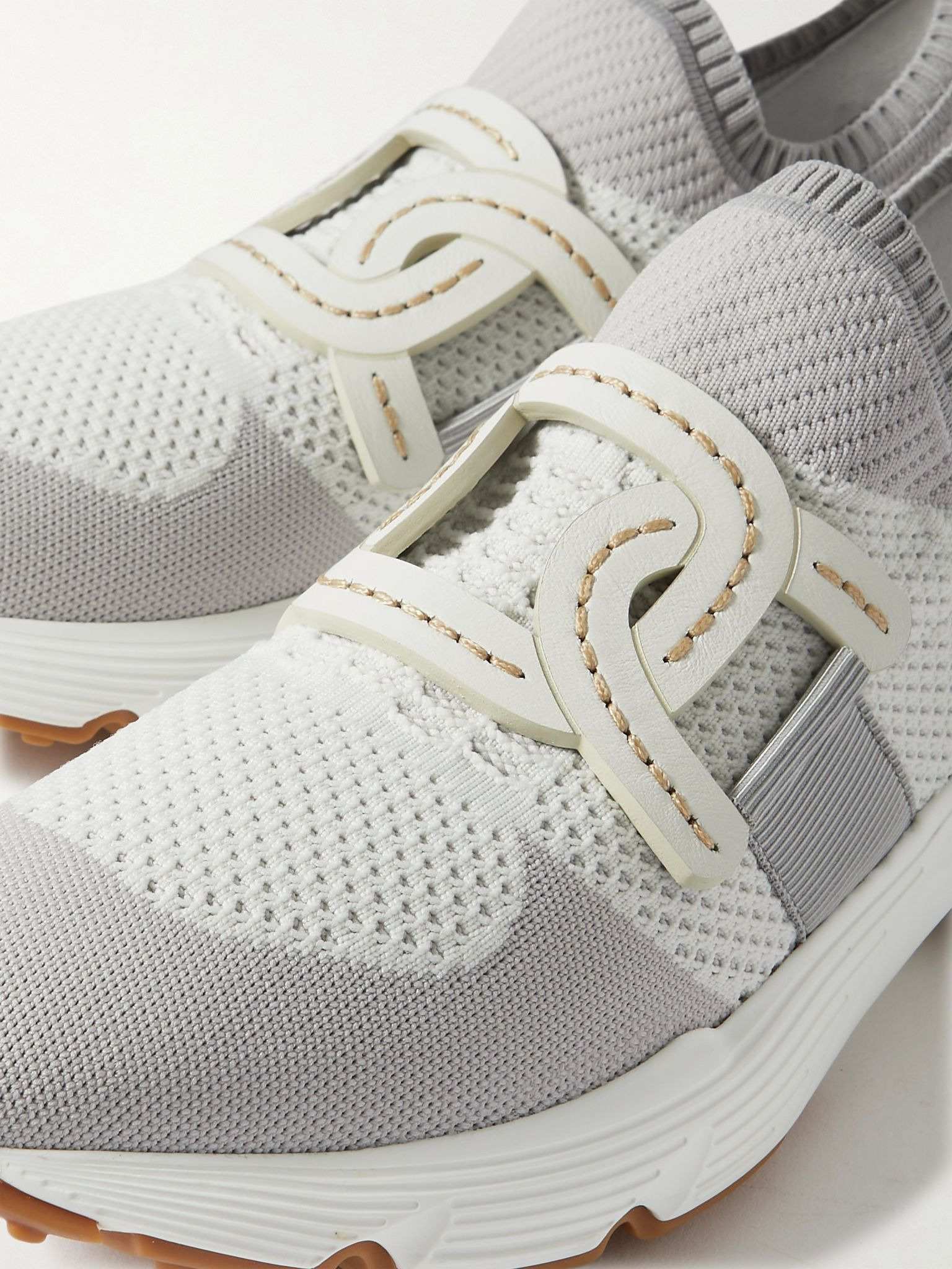 Leather-trimmed stretch-knit slip-on sneakers Gray - 4
