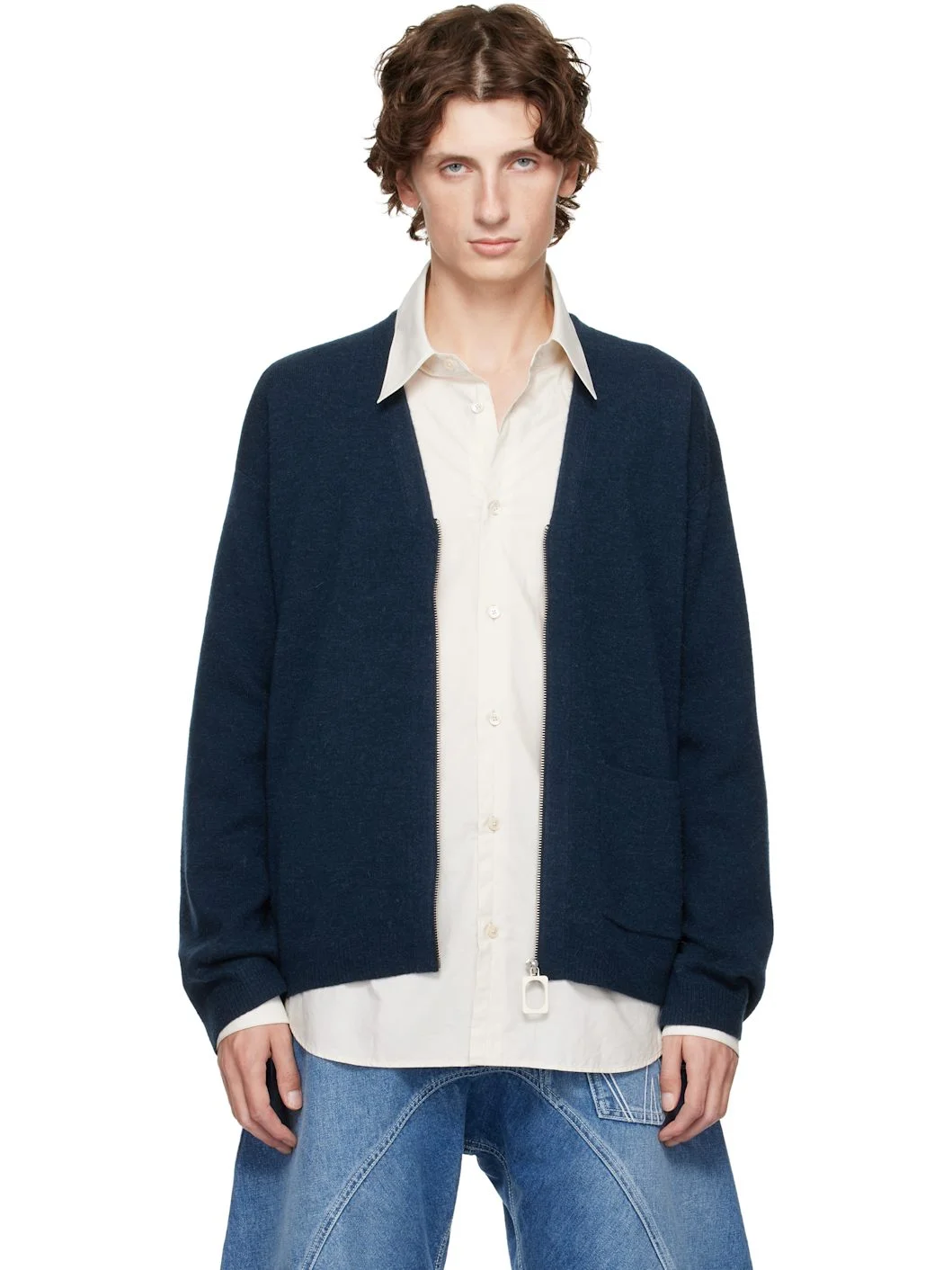 Navy V-Neck Zip-Up Cardigan - 1