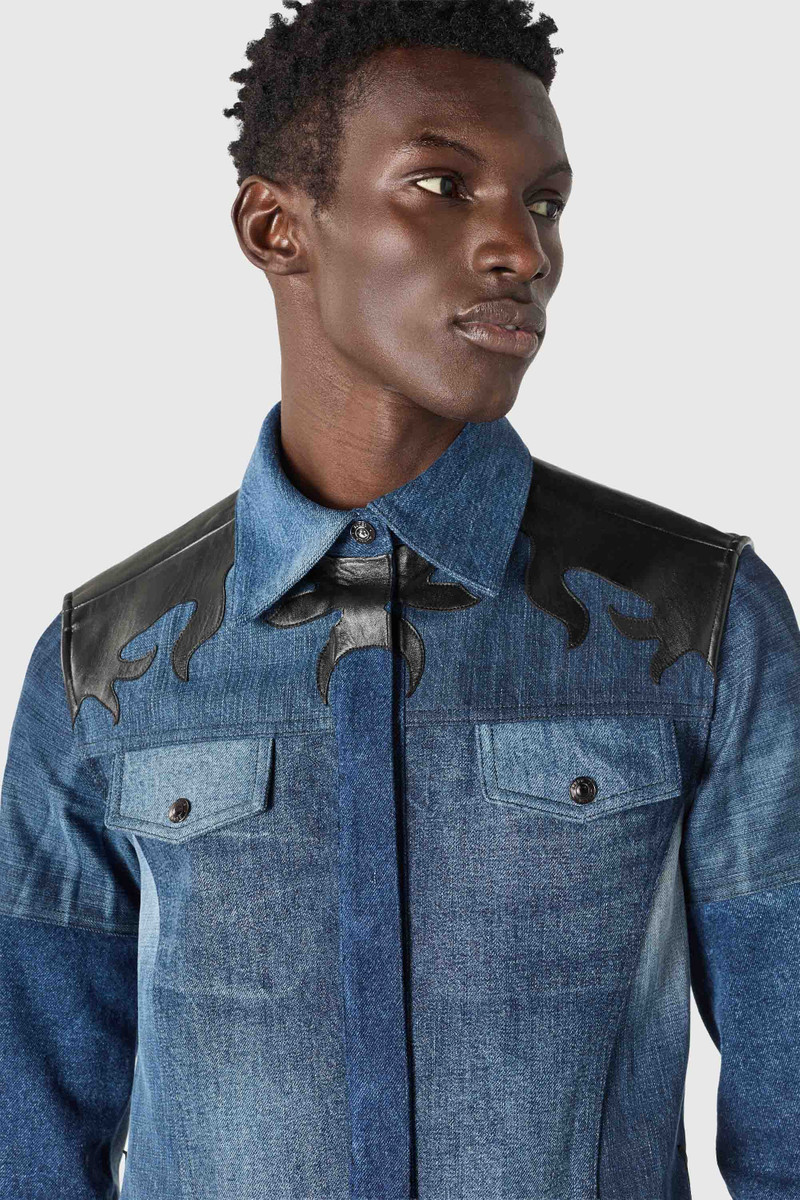 Upcycled denim trucker jacket with leather patches 9