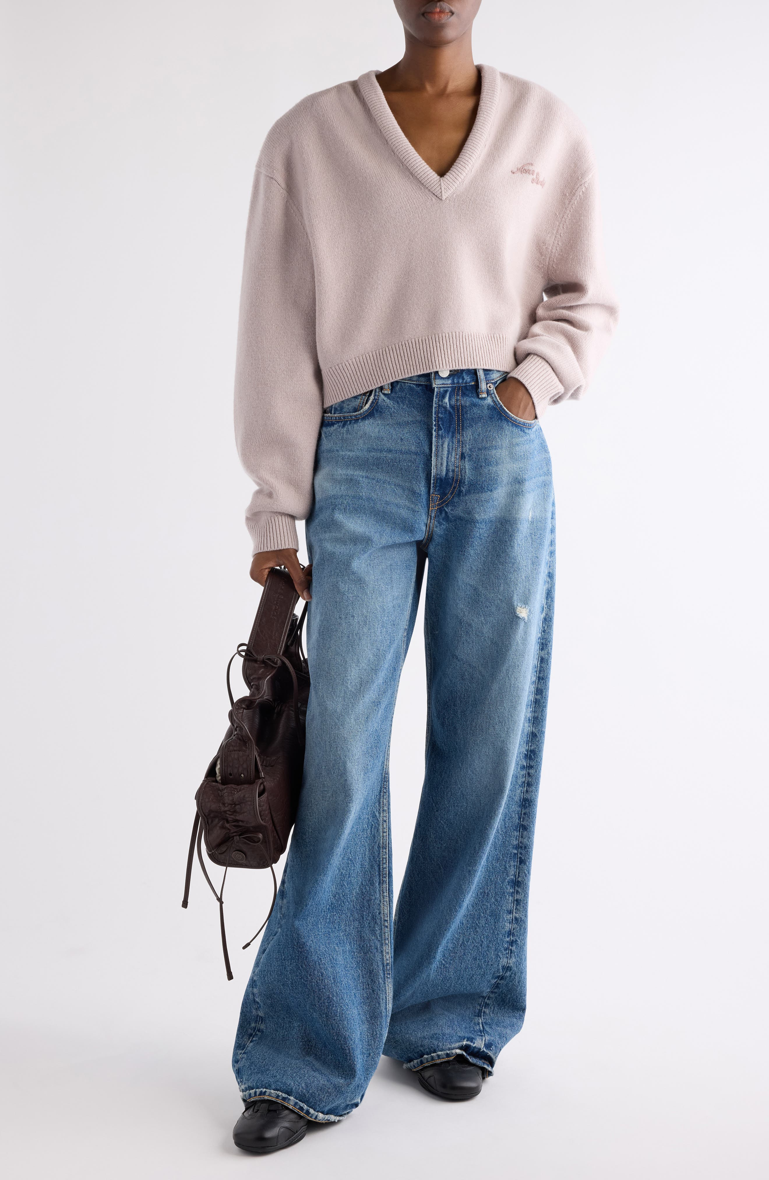 Acne Studios Kolid Richard Yak Hair & Wool V-Neck Crop Sweater in Pale Grey at Nordstrom - 2