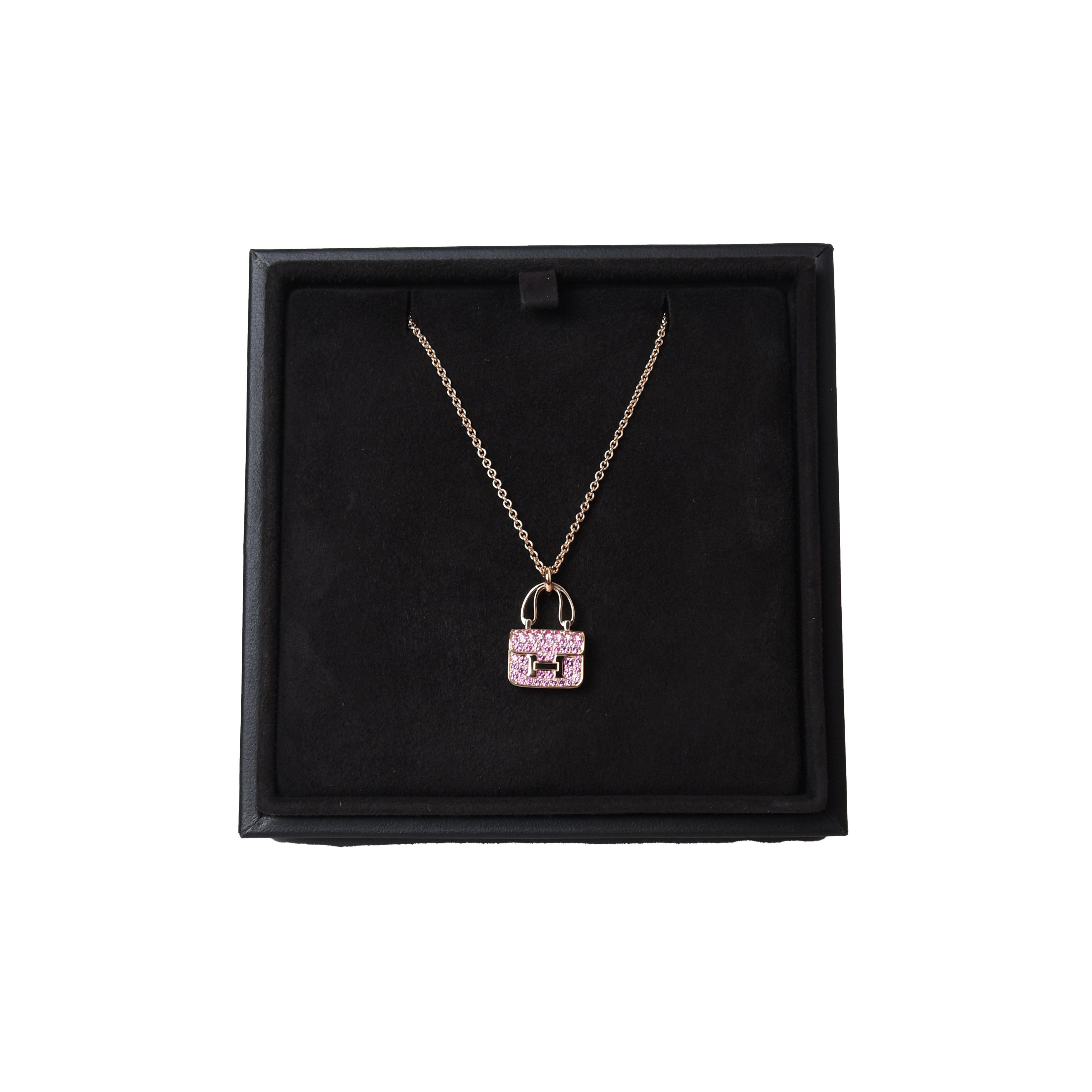 Hermes 18K Rose Gold Pink Sapphire Constance Pendant Necklace - 2