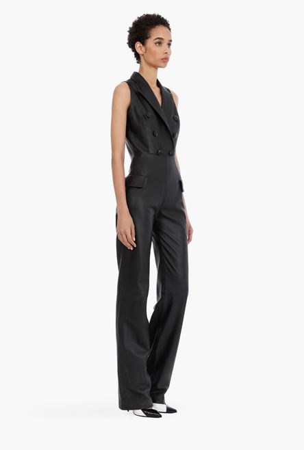 Black double-breasted leather jumpsuit - 7