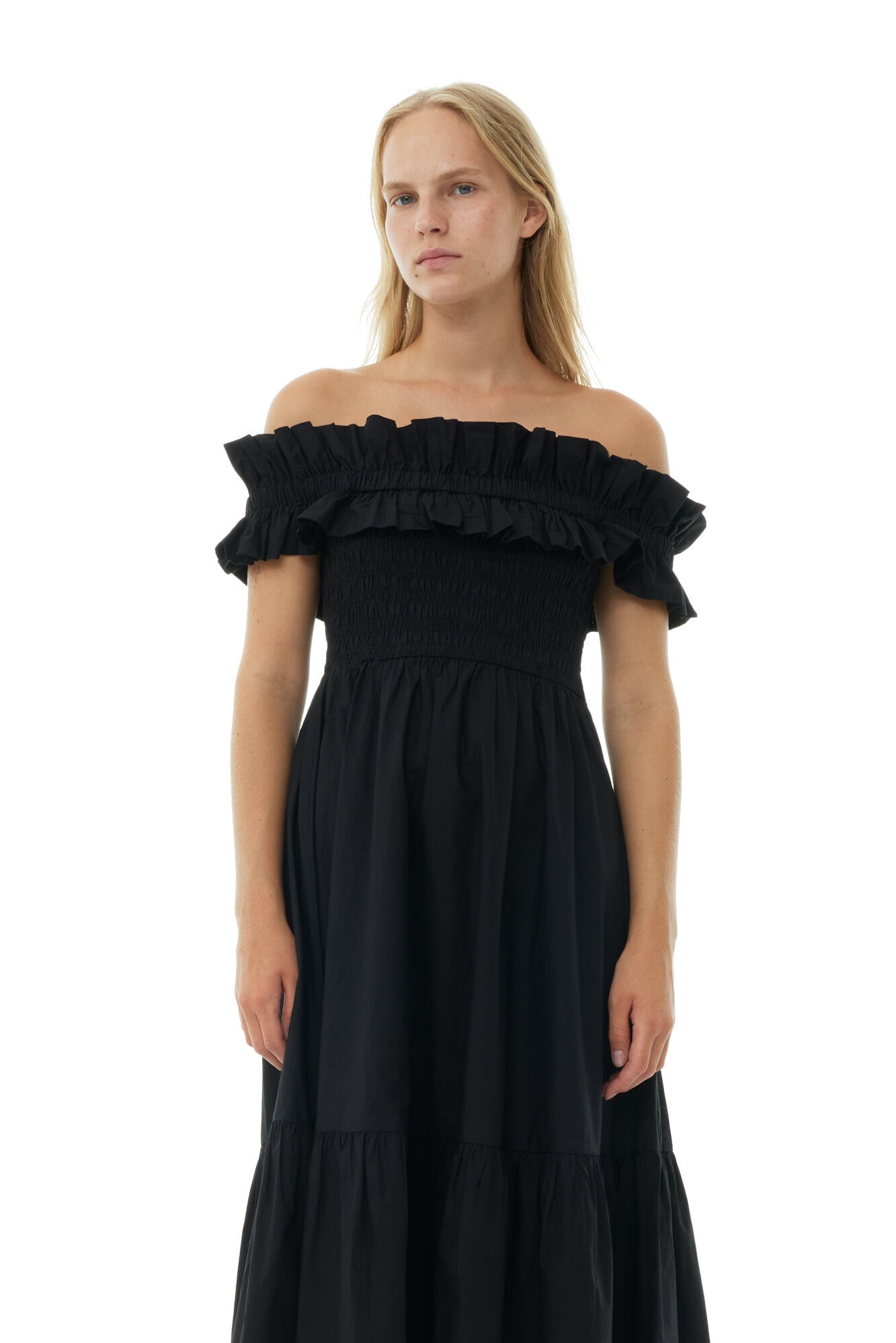 BLACK COTTON POPLIN LONG SMOCK DRESS - 3