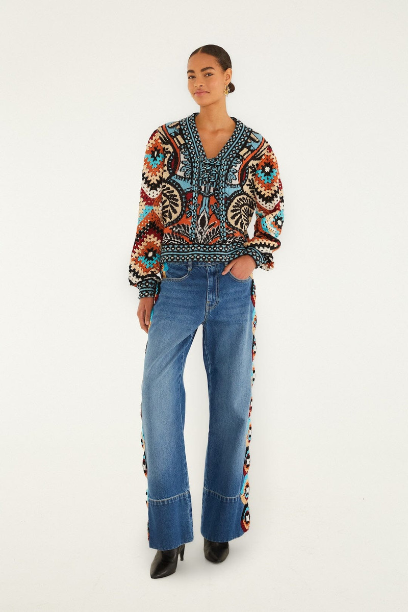 Colorful Stripes Crochet Denim Pants 1