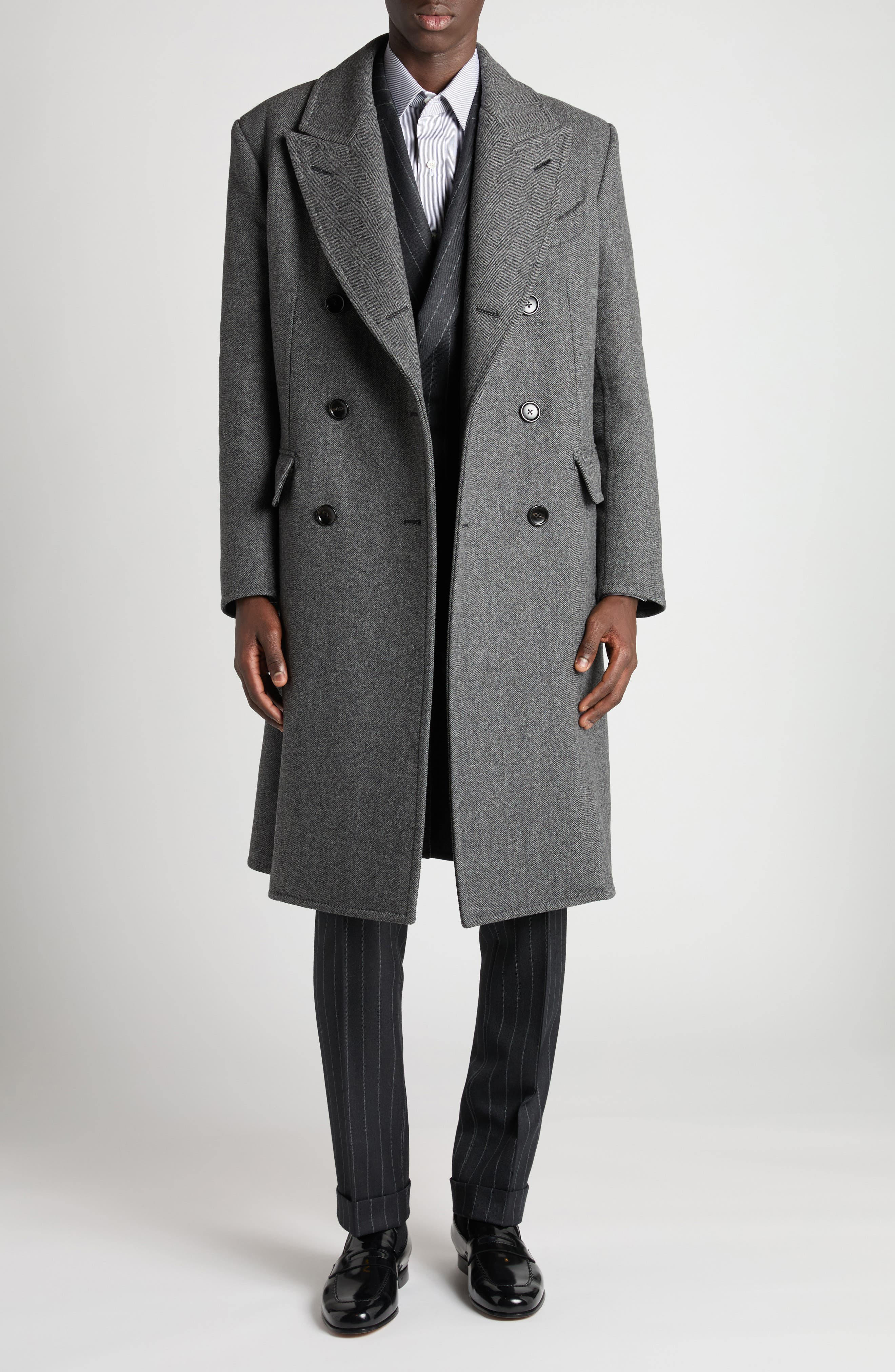 TOM FORD Double Breasted Grey Wool Herringbone Overcoat in Combo Dark Grey/Black at Nordstrom - 2