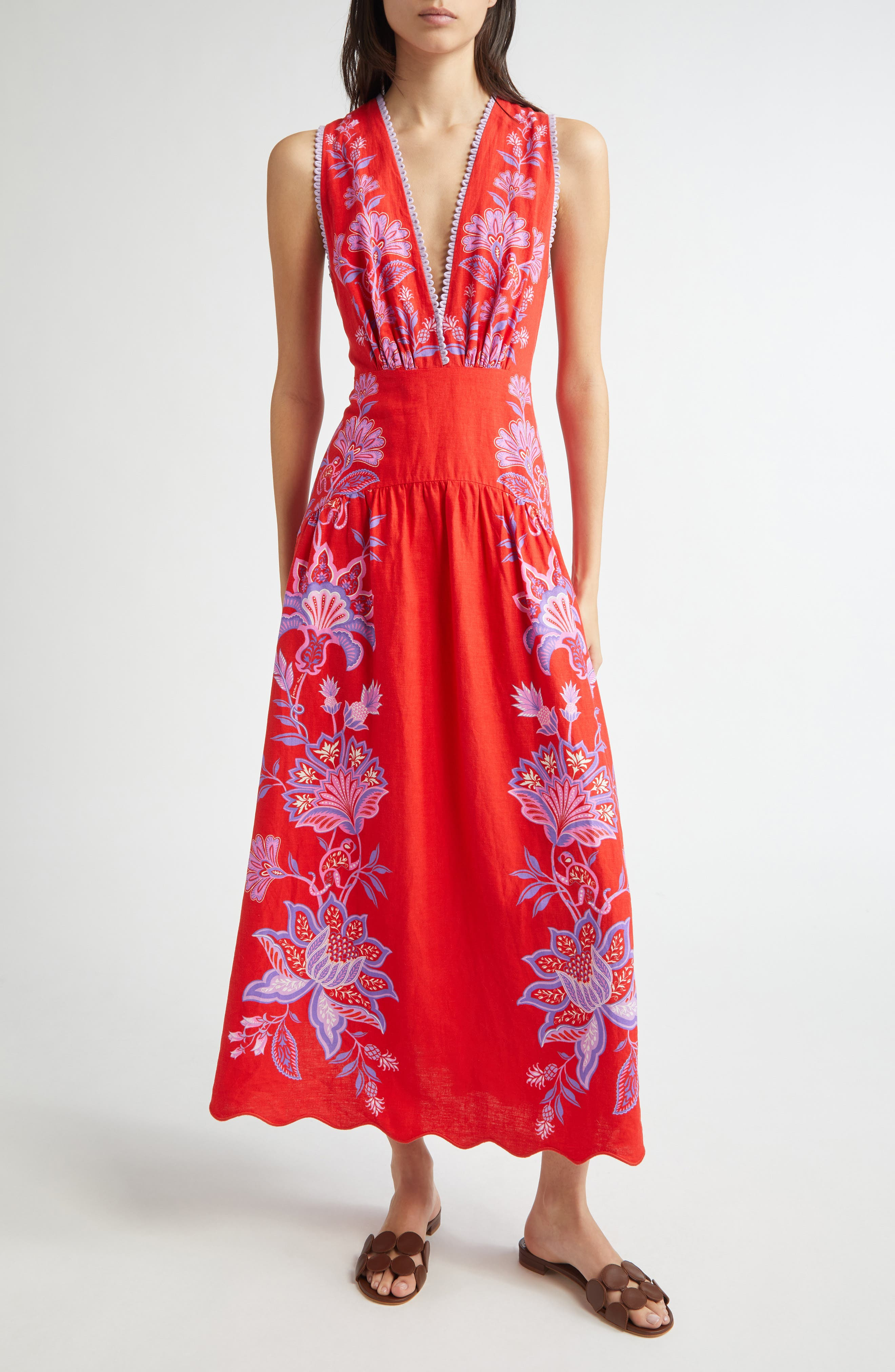 FARM Rio Porcelain Garden Floral Linen Maxi Dress in Red at Nordstrom - 1
