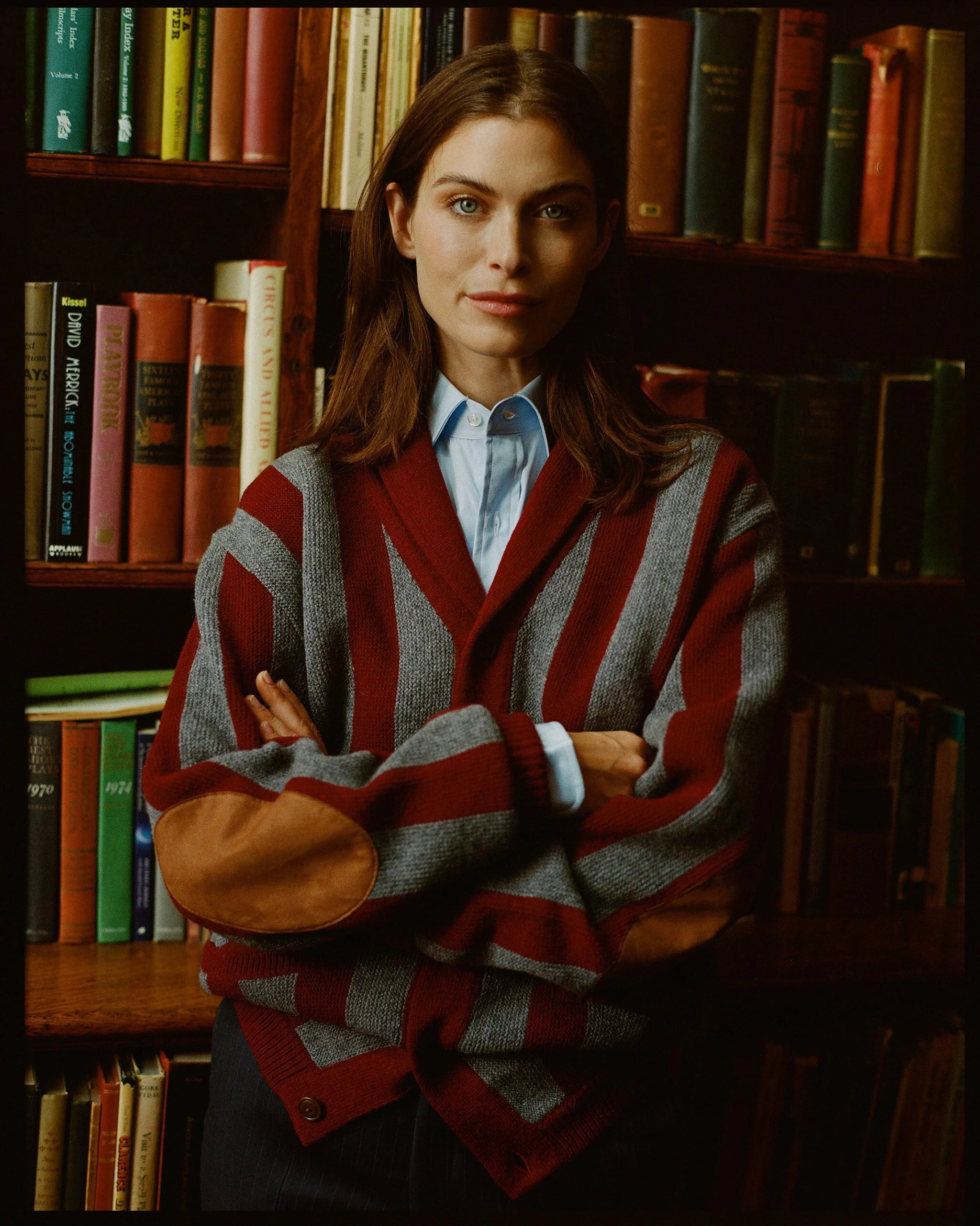 BURGUNDY & GREY STRIPED VARSITY-STYLE COTTON CARDIGAN - TRIM FIT - 1