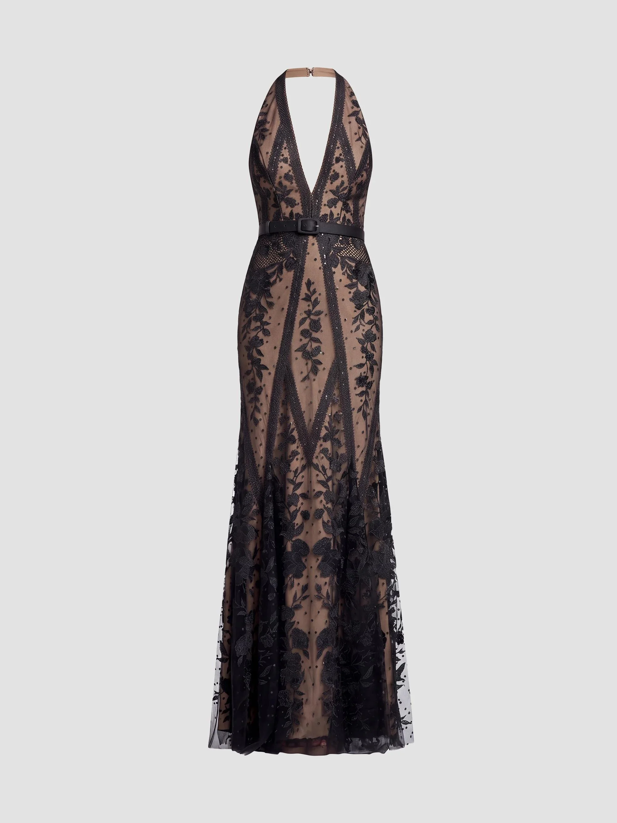 Women's Devin Floral Lace Halter Mermaid Maxi Dress - Black Beige - 1