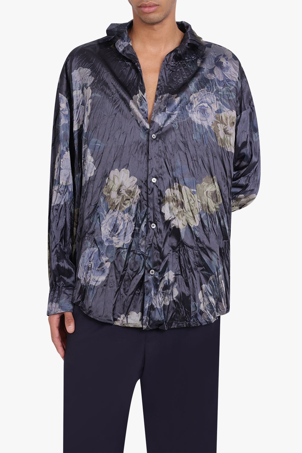 FLORAL PRINT CRINKLE SATIN SHIRT | NAVY - 3