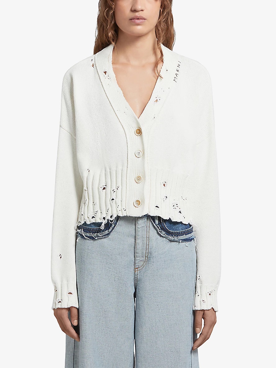 Distressed V-neck cotton-knit cardigan - 3