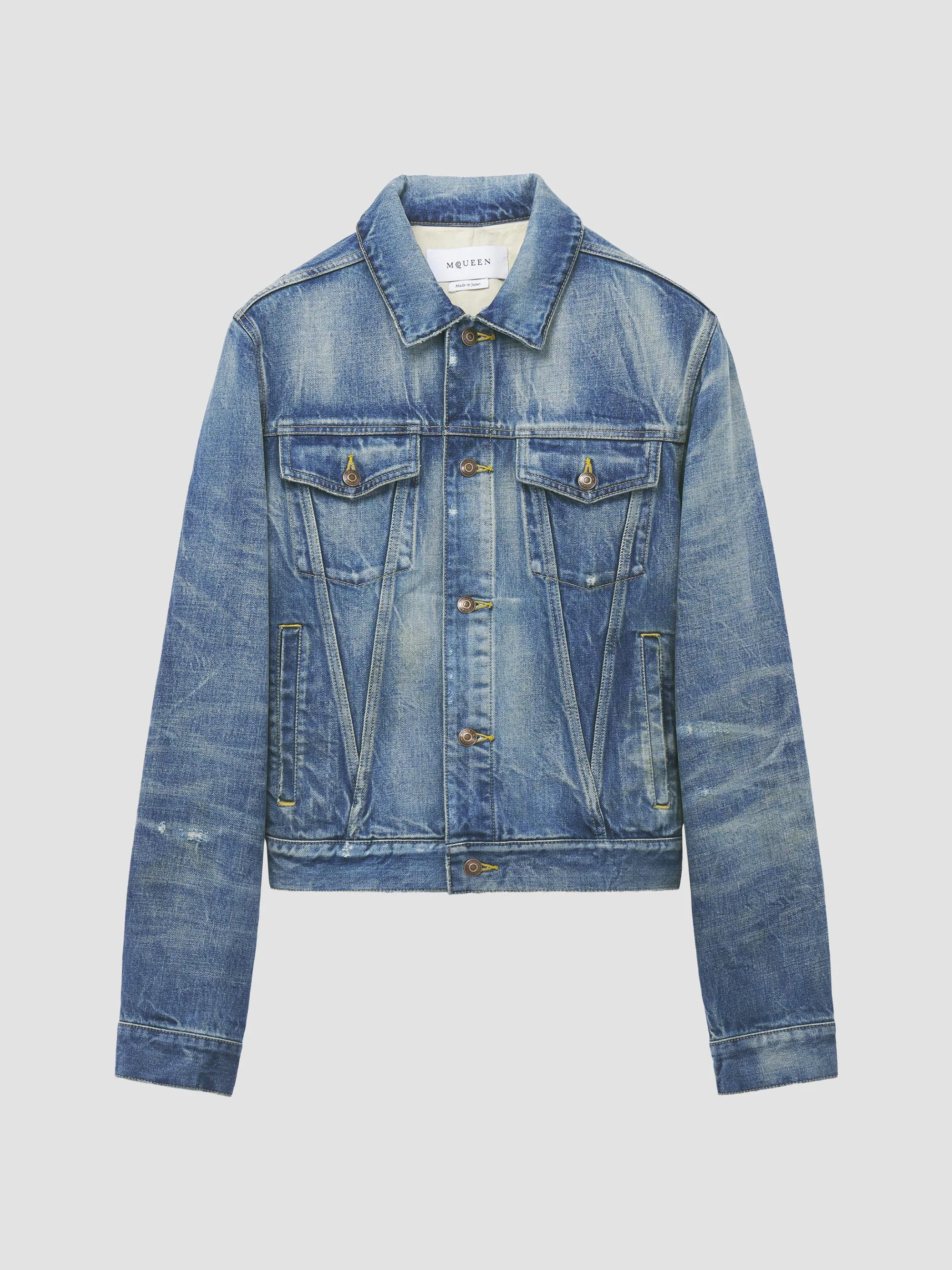 Men's Distressed Cotton Denim Jacket - Blue Washed - 1